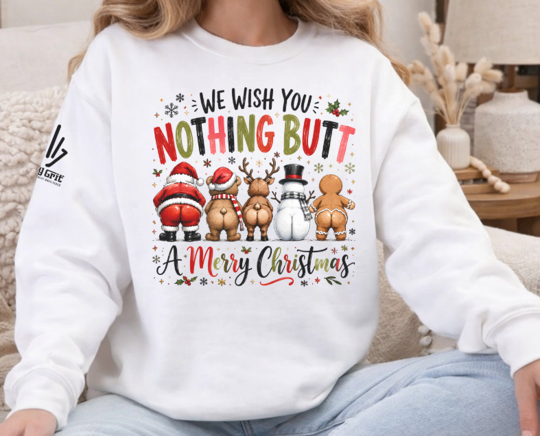 Inappropriate Christmas humor sweatshirt with cheeky holiday character illustrations