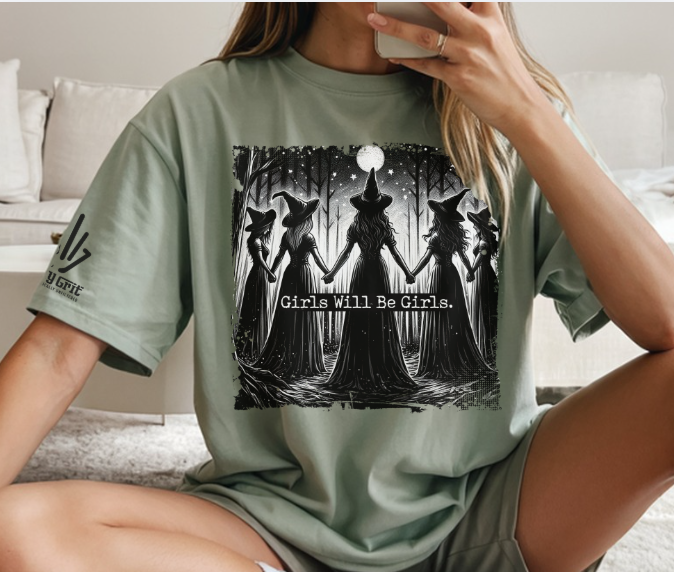 Sarcastic shirt with séance circle and “Girls Will Be Girls” quote