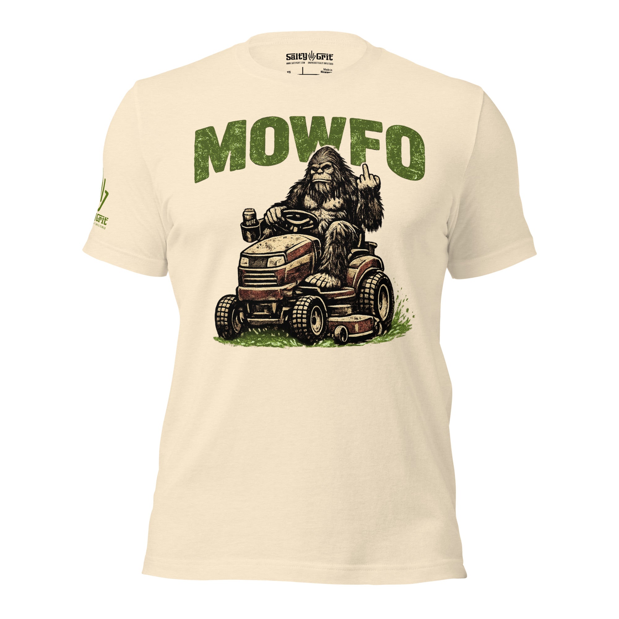 Graphic tee with Bigfoot mowing the lawn on a riding mower with humorous attitude