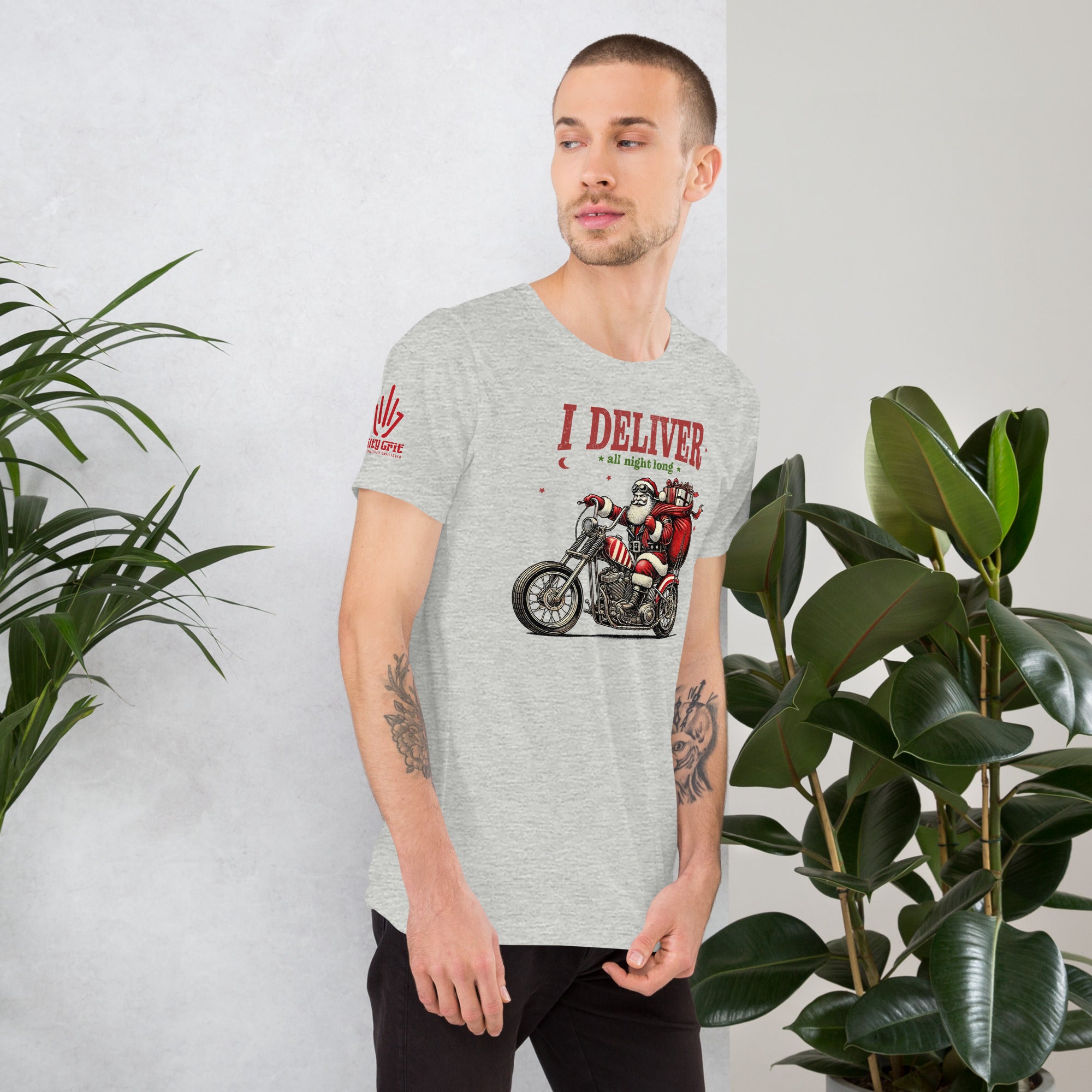 Sarcastic Christmas t-shirt showing Santa riding a motorcycle