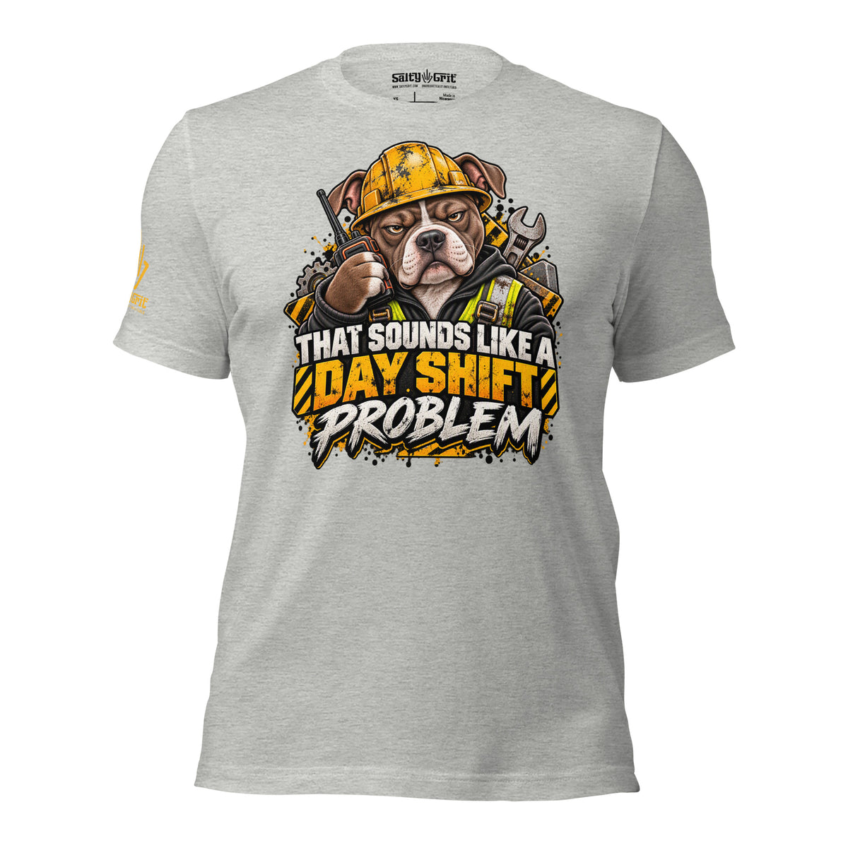 Blue-collar night shift shirt featuring a pitbull wearing a construction hard hat