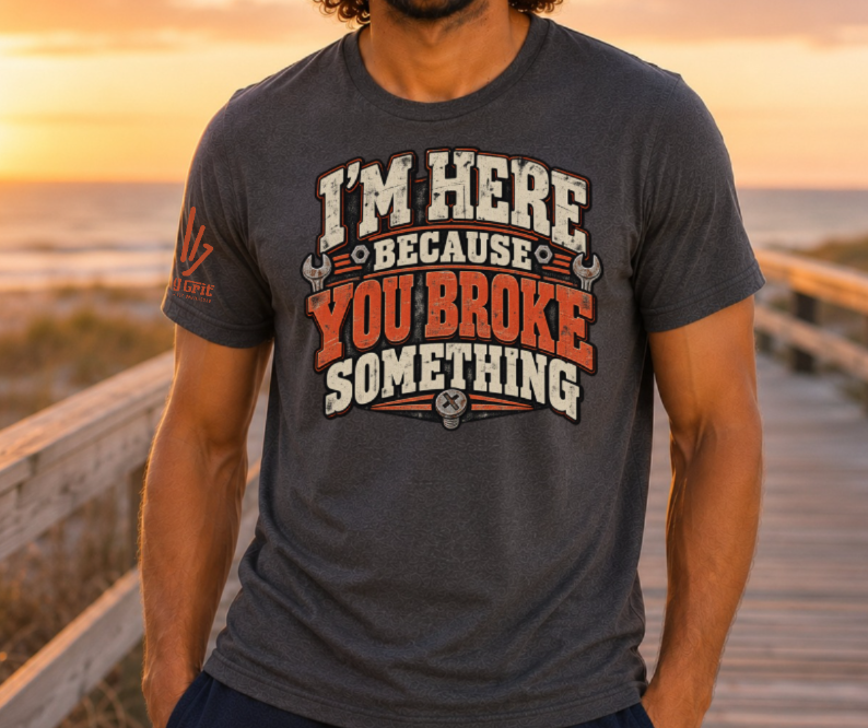 Sarcastic mechanic shirt design with distressed cream and orange lettering.