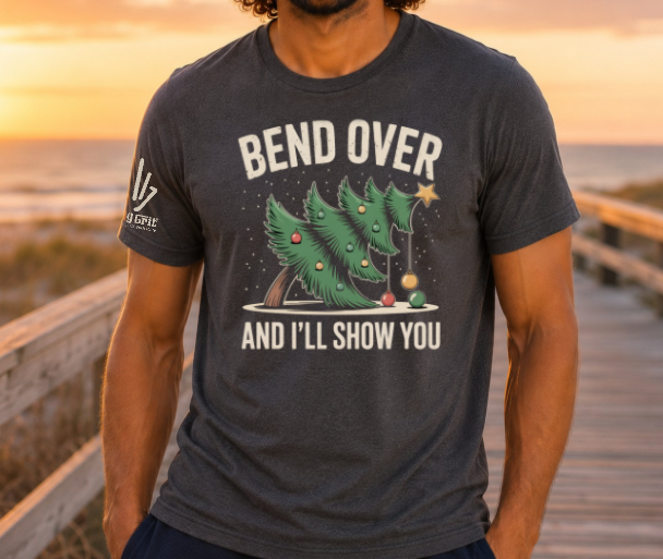 Graphic Christmas tee with crooked tree and inappropriate joke