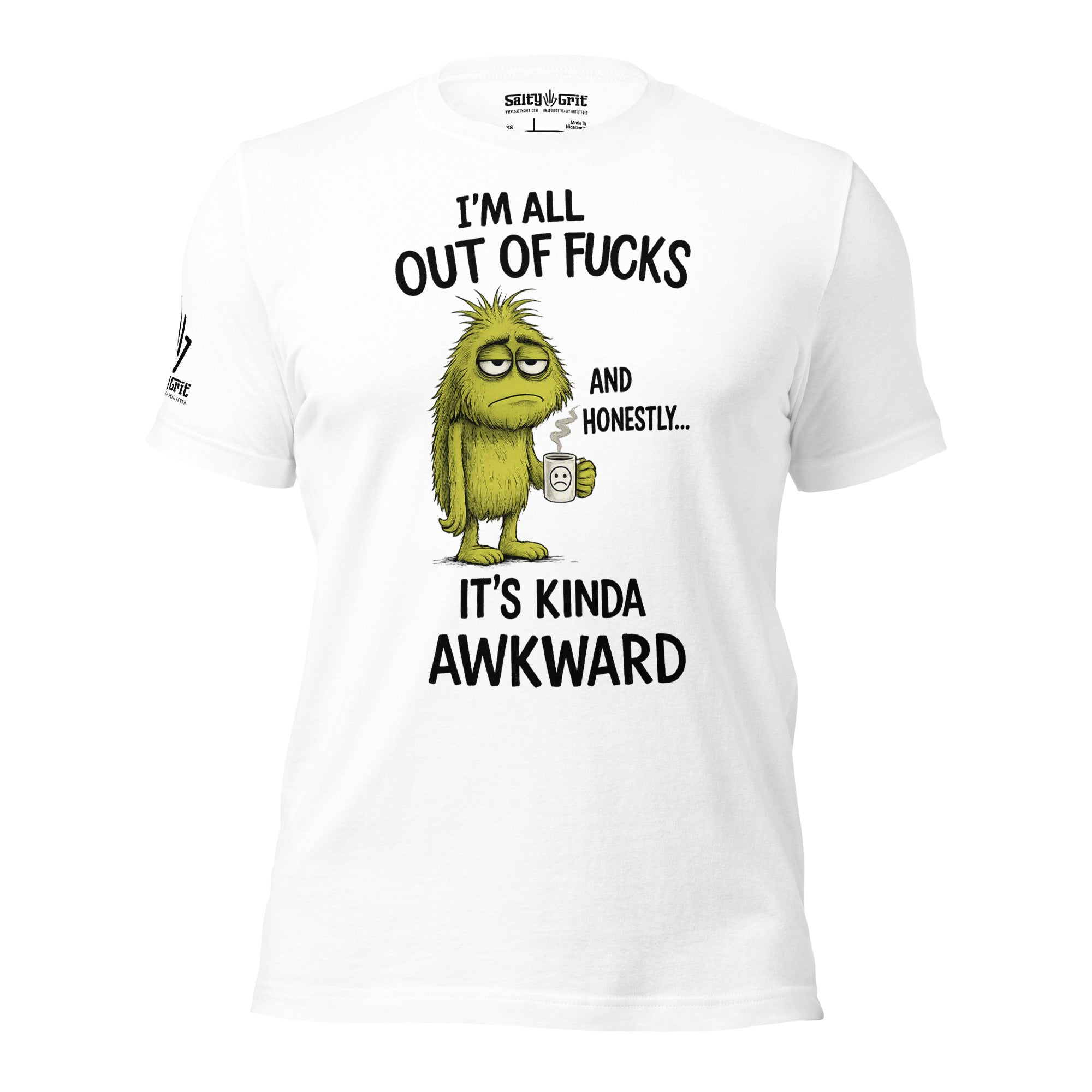 Sarcastic gift shirt for coffee lovers featuring a sad monster