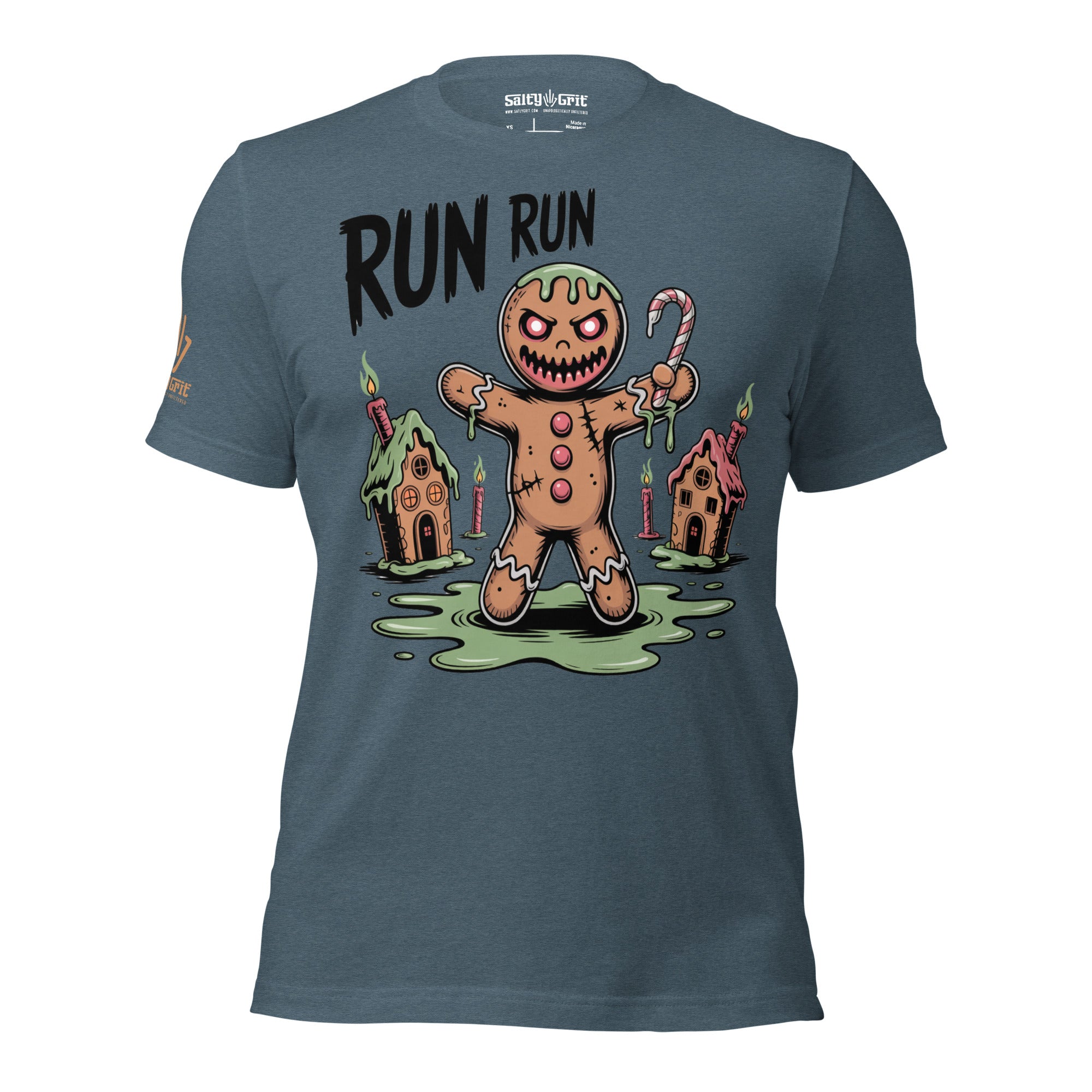 Dark holiday humor graphic tee with creepy gingerbread man artwork