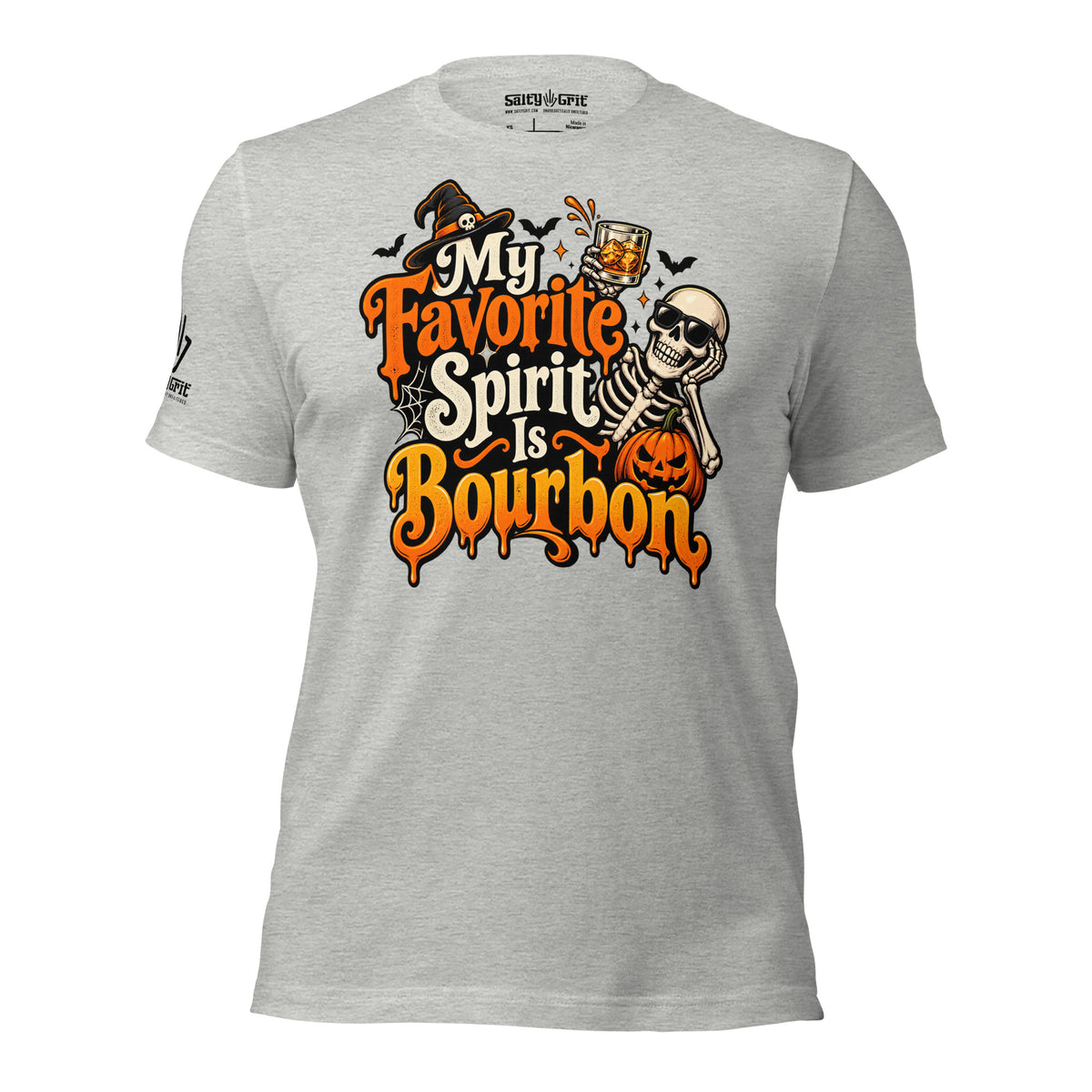 Dark-humor bourbon shirt design featuring the phrase My Favorite Spirit Is Bourbon.