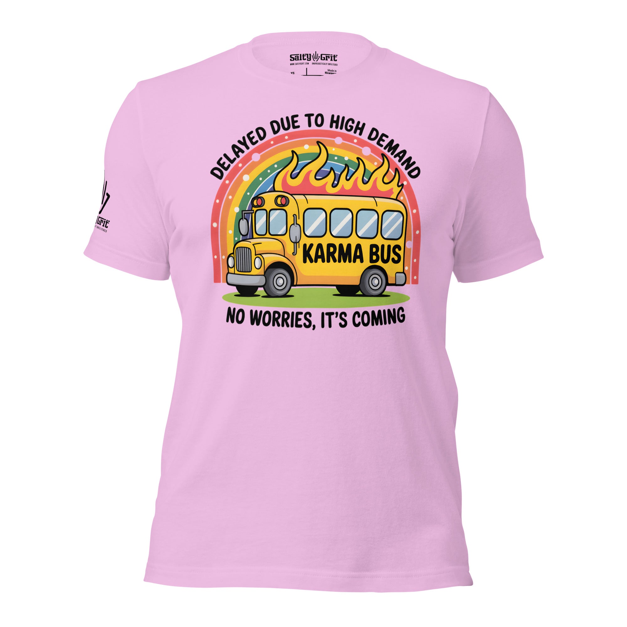 Dark humor karma graphic tee featuring a school bus and flames
