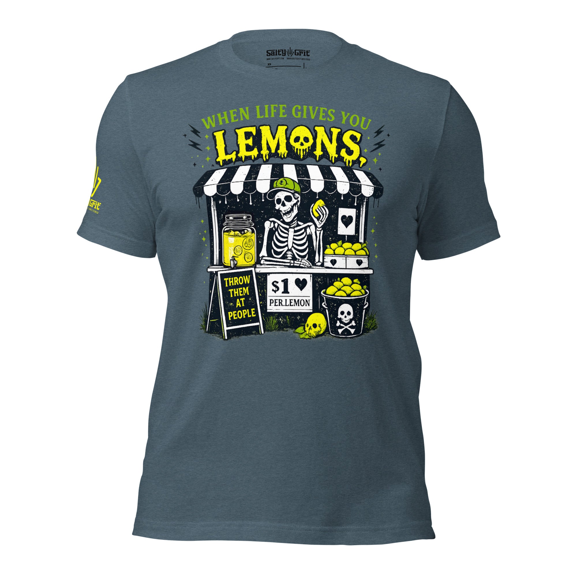 Dark humor graphic tee featuring a skeleton and sarcastic lemon quote