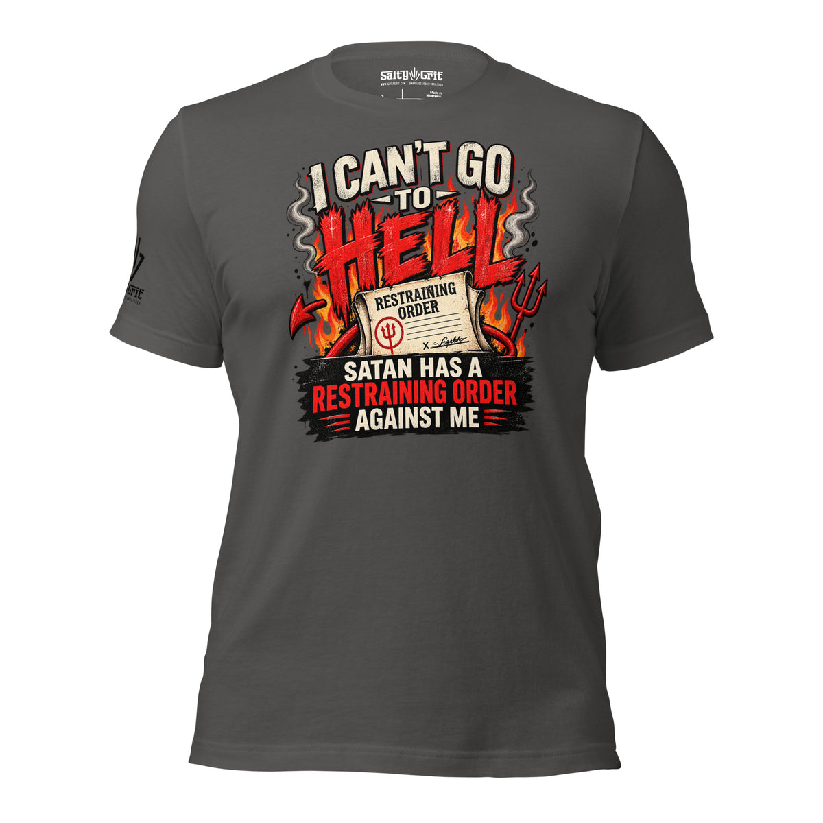Dark-humor shirt design featuring a restraining-order joke, fiery lettering, and devil-themed imagery.