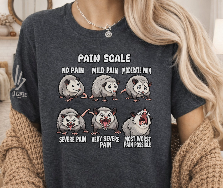 Pain scale graphic featuring six opossums with expressions ranging from no pain to the worst pain possible.