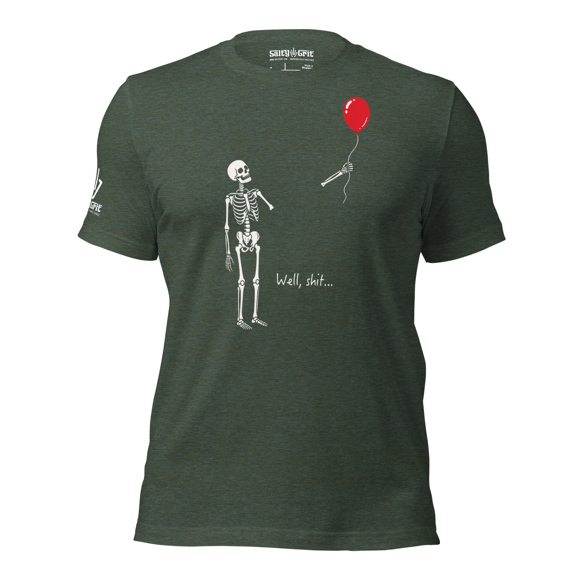 Dark humor t-shirt featuring skeleton losing an arm while holding a balloon
