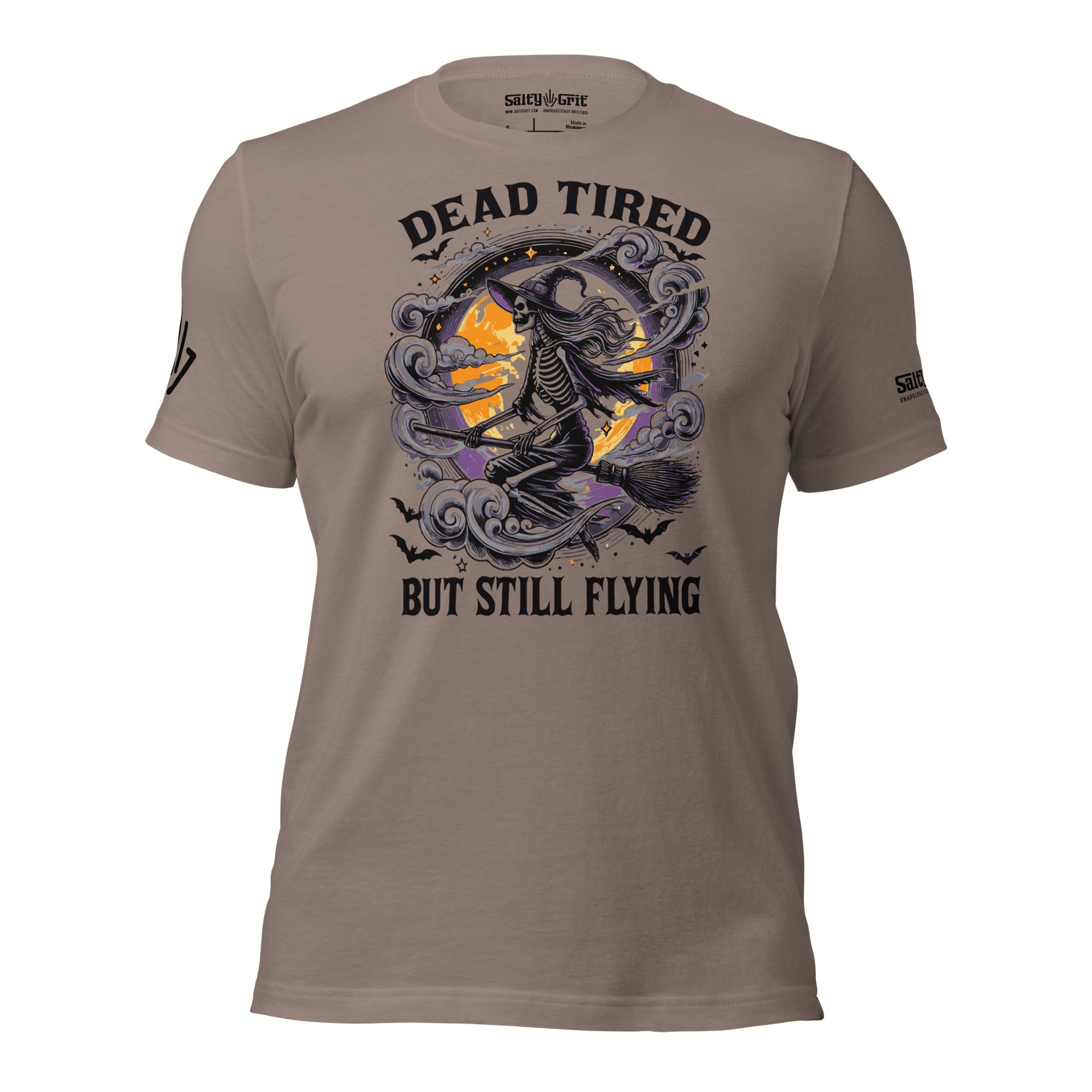 Funny Halloween shirt with Dead Tired But Still Flying text and witch on broom image