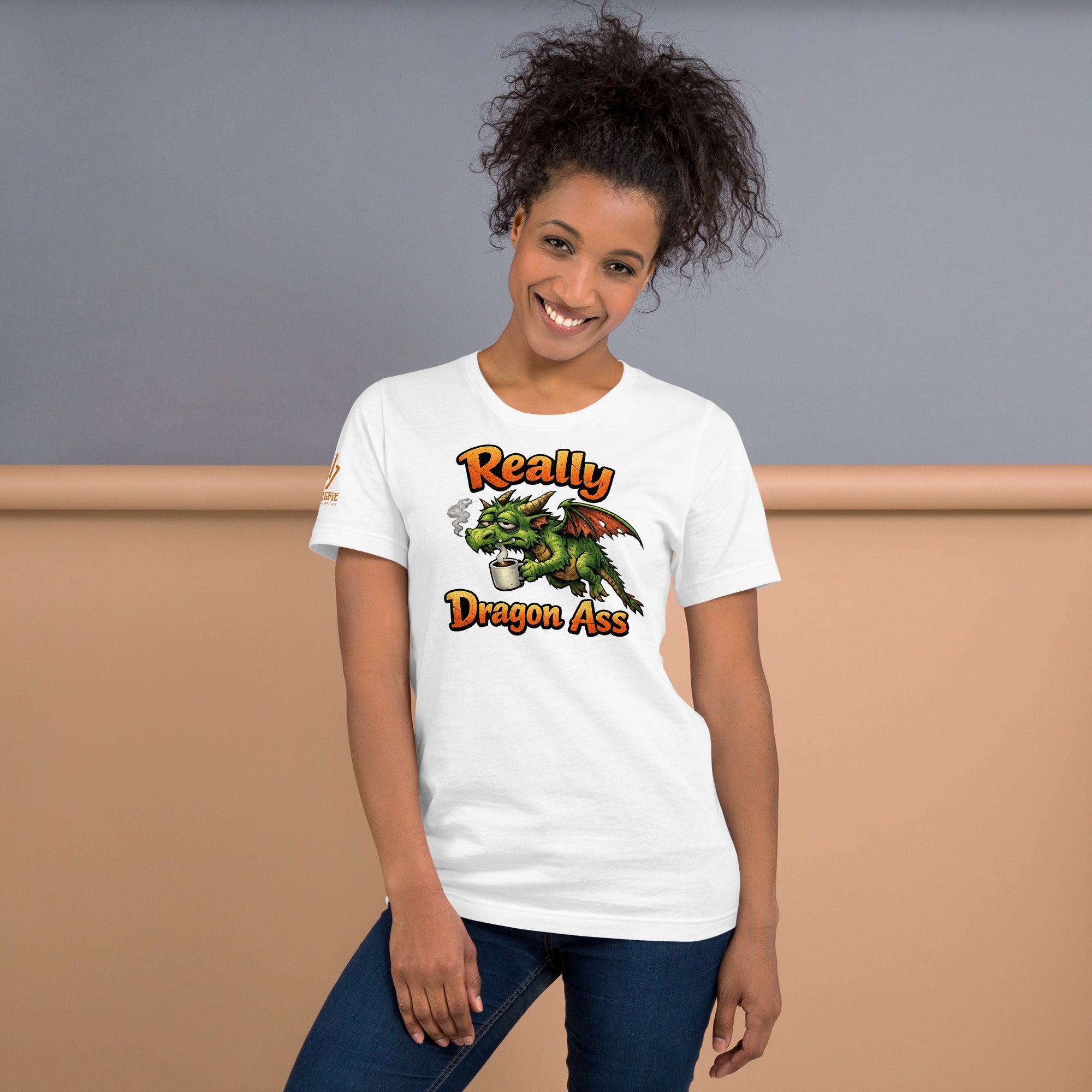 Sarcastic graphic shirt with a tired dragon holding a cup of coffee