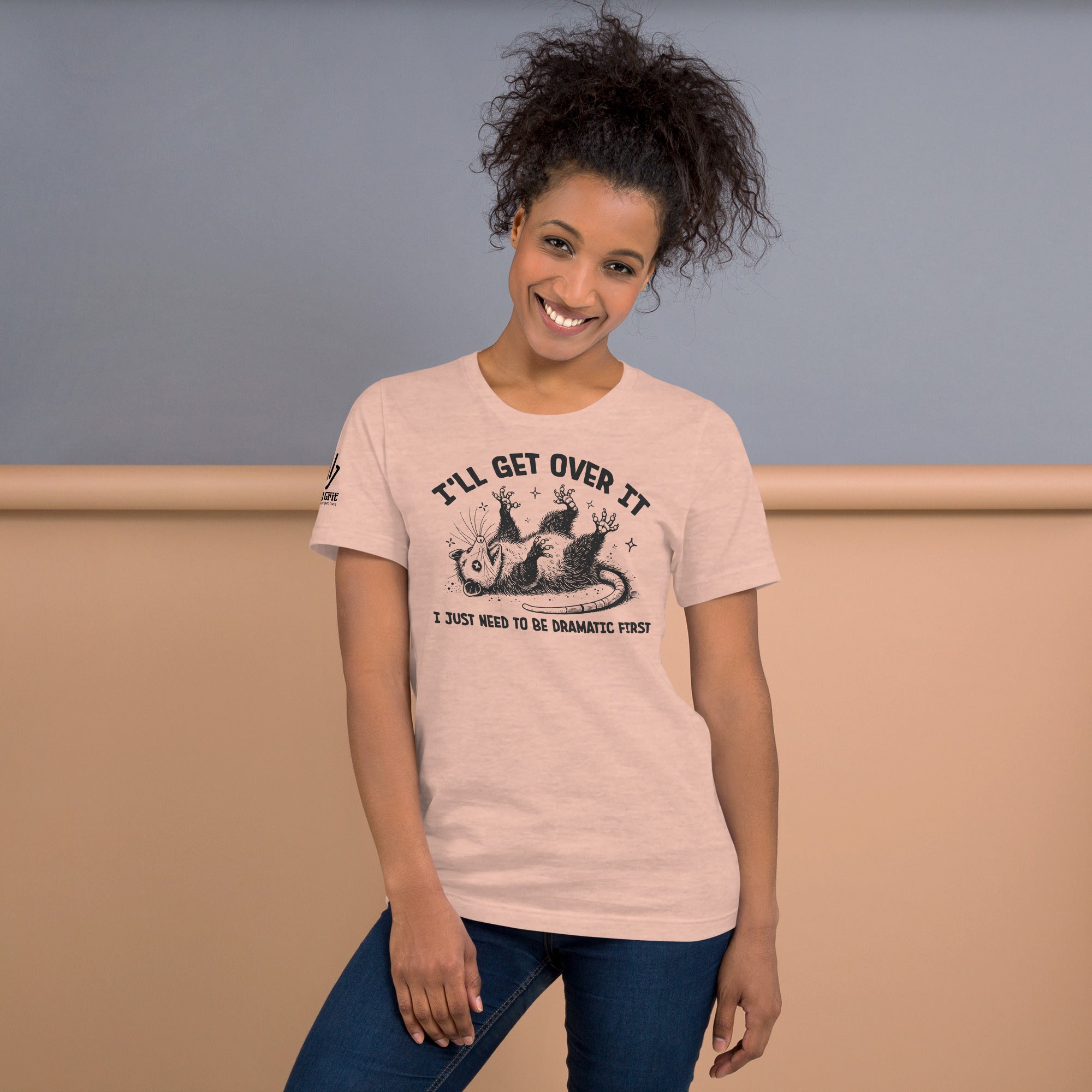 Graphic tee with opossum playing dead and sarcastic slogan
