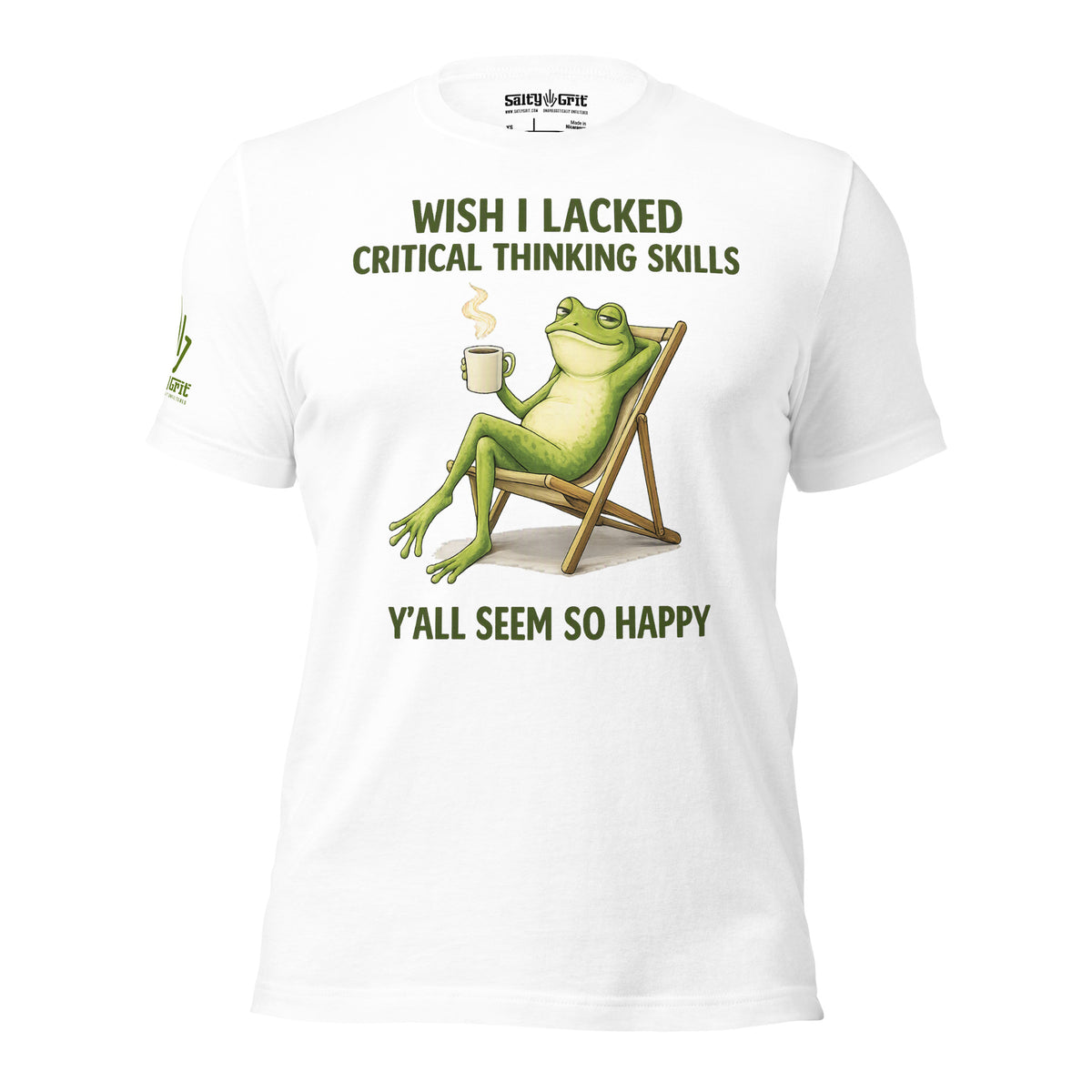 Dry-humor shirt graphic combining a coffee-drinking frog with a sarcastic quote.