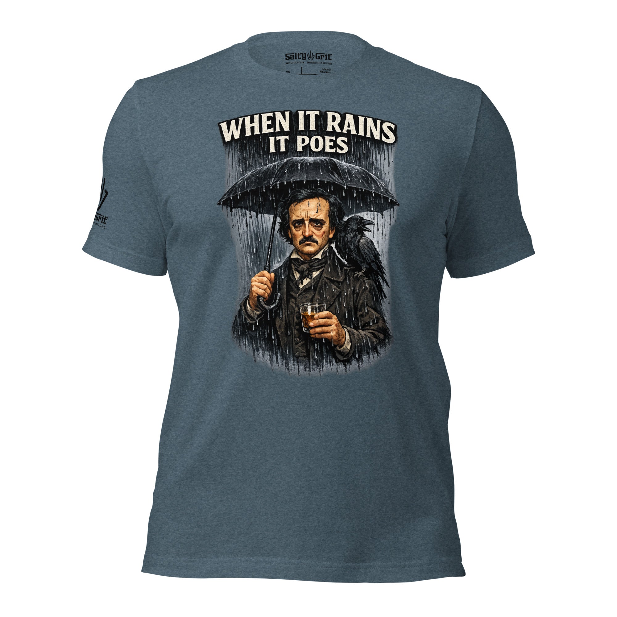 Graphic tee featuring Edgar Allan Poe standing in the rain with a raven
gothic-humor-poe-shirt.jpg