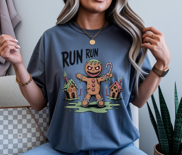 Horror graphic tee featuring a creepy evil gingerbread man