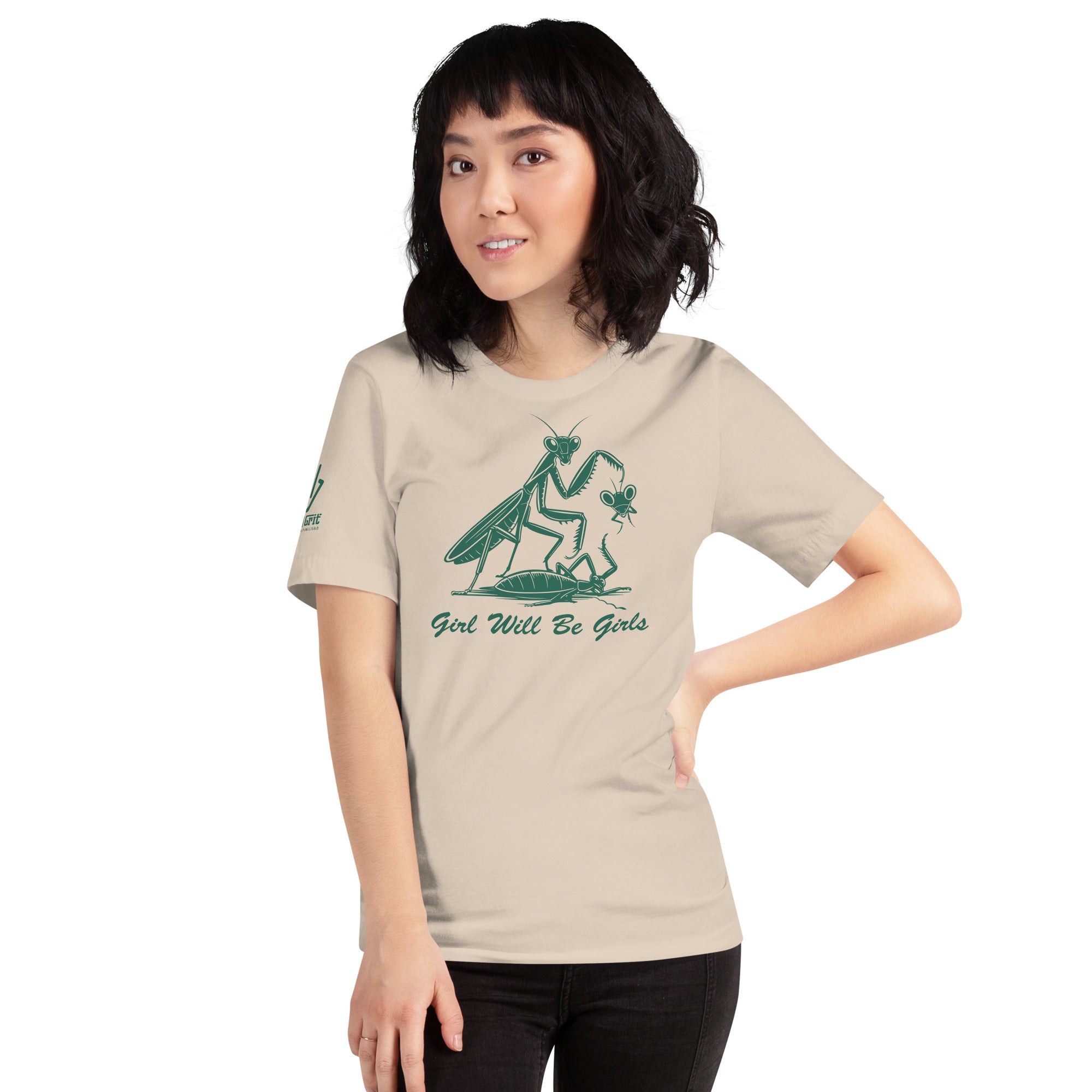 Funny female empowerment shirt with praying mantis artwork
