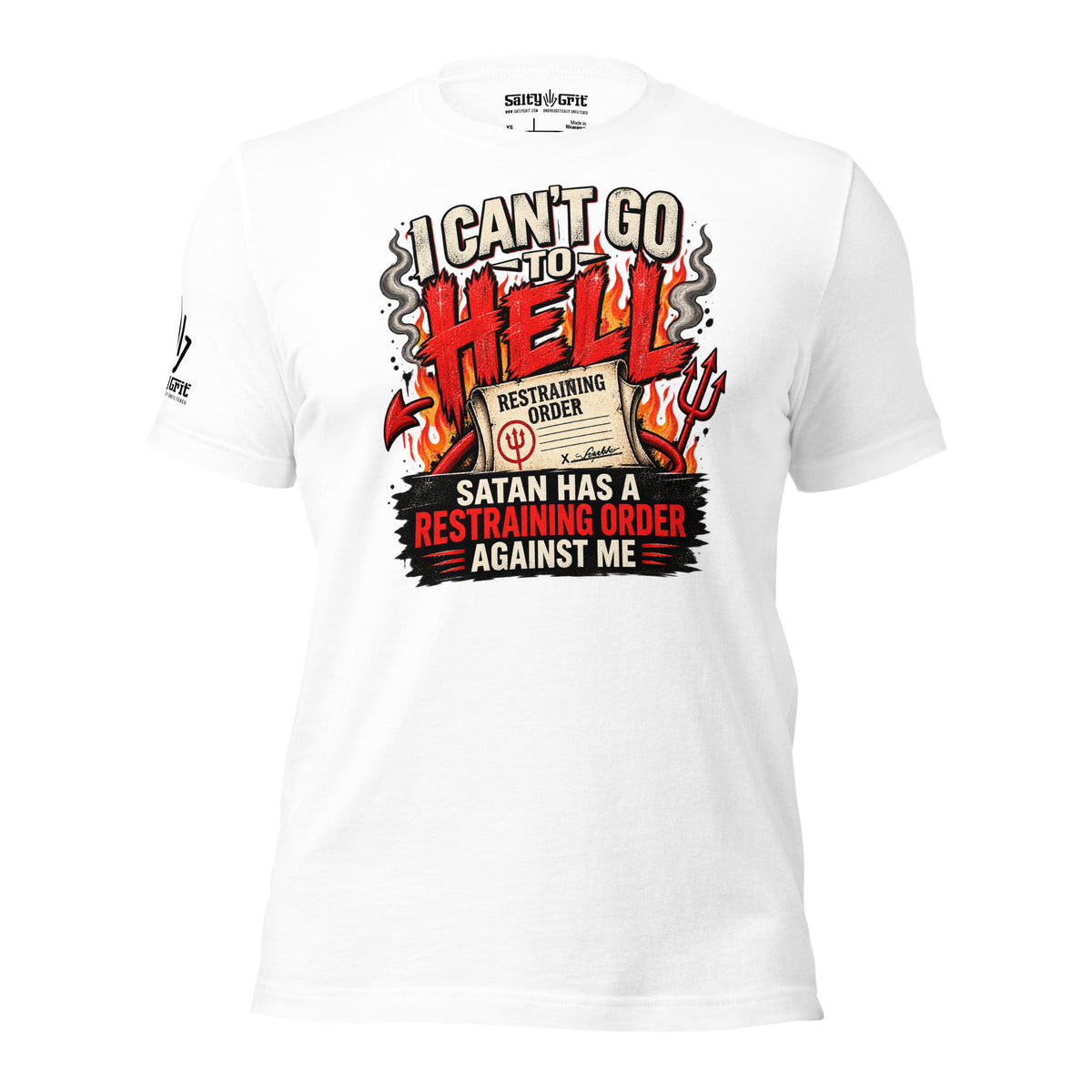 Graphic shirt design with red flames, a trident, and distressed cream lettering.