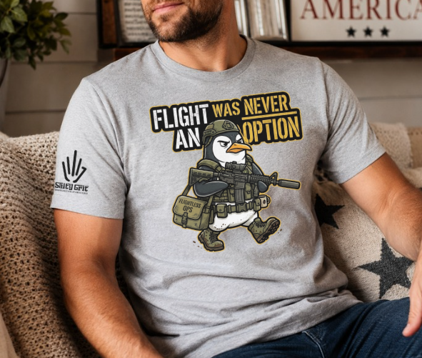 Funny shirt featuring Flight Was Never An Option with a tactical penguin