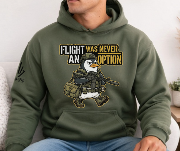 Funny tactical penguin graphic hoodie featuring Flightless Ops