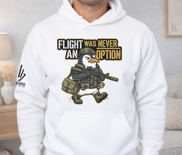 Sarcastic Flightless Ops penguin hoodie with military humor