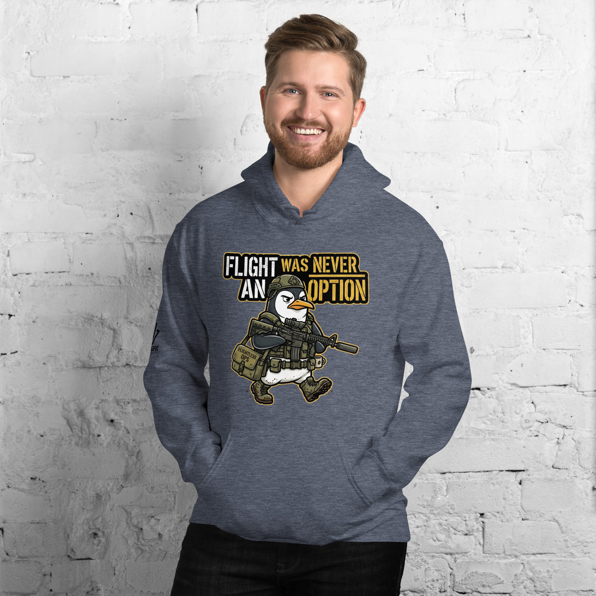 Sarcastic Flightless Ops sweatshirt with tactical penguin graphic