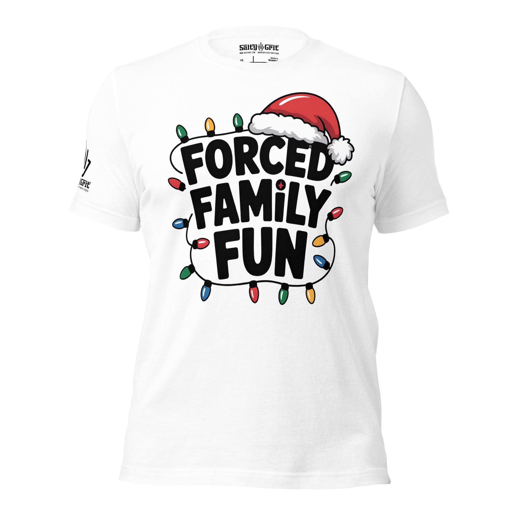 Funny Christmas shirt with Forced Family Fun text, Santa hat, and lights