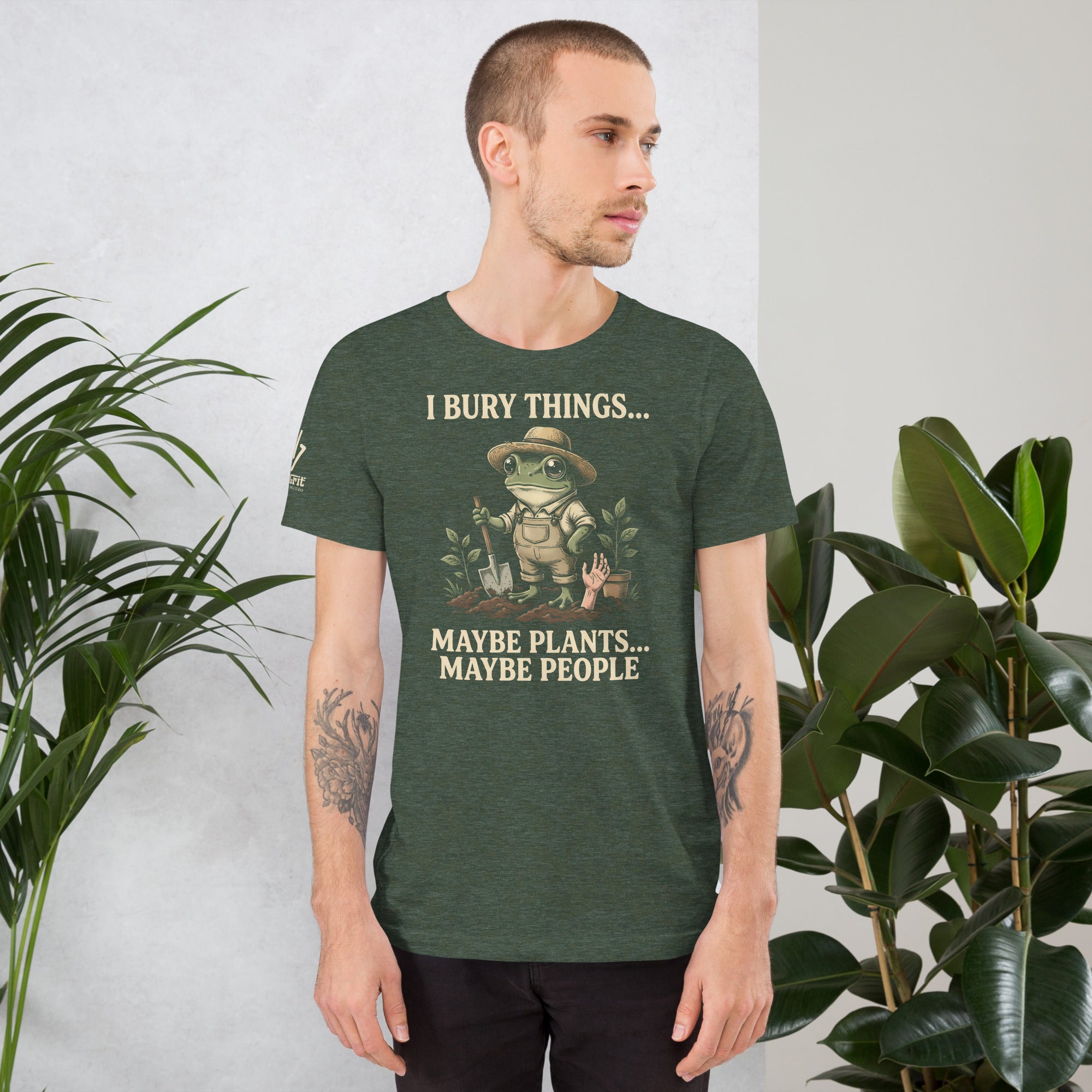 Frog garden humor graphic tee with funny gardening quote