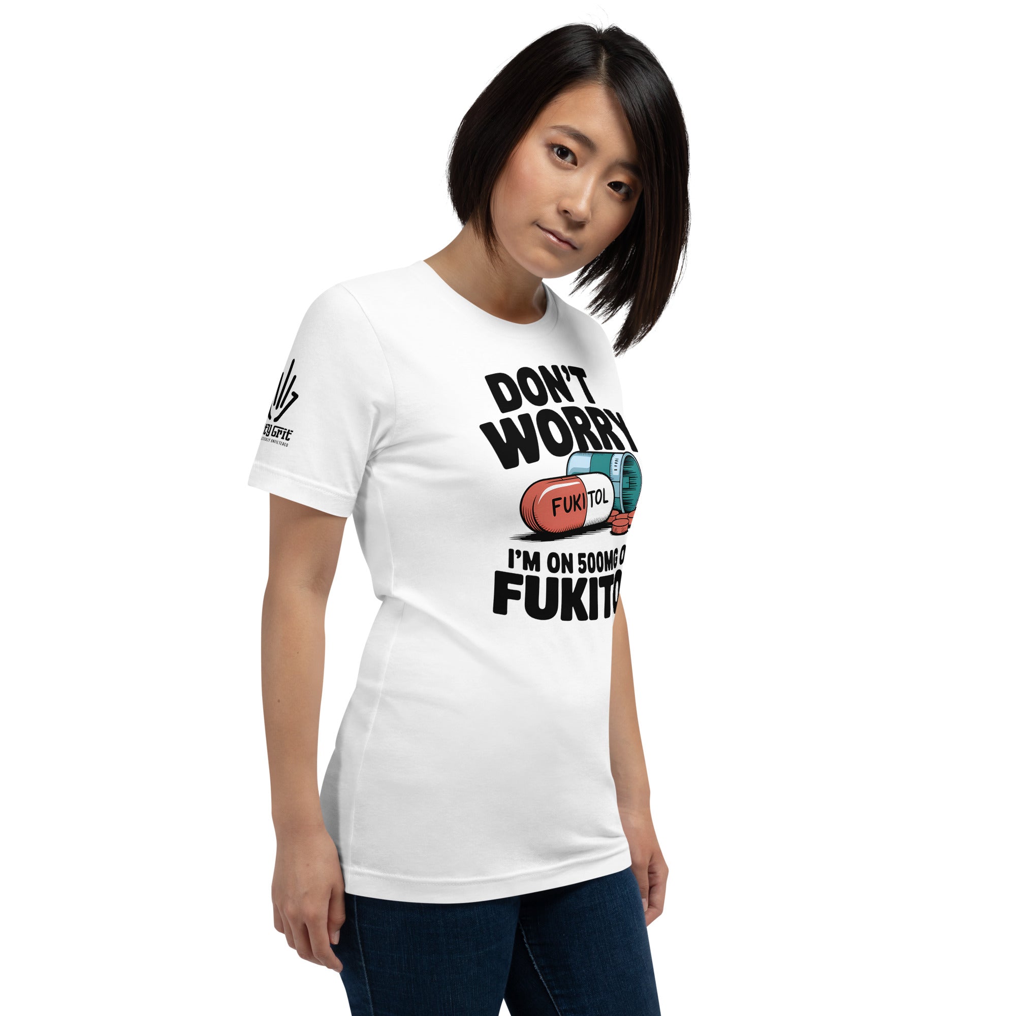 Funny don’t-care shirt with spilled pills graphic