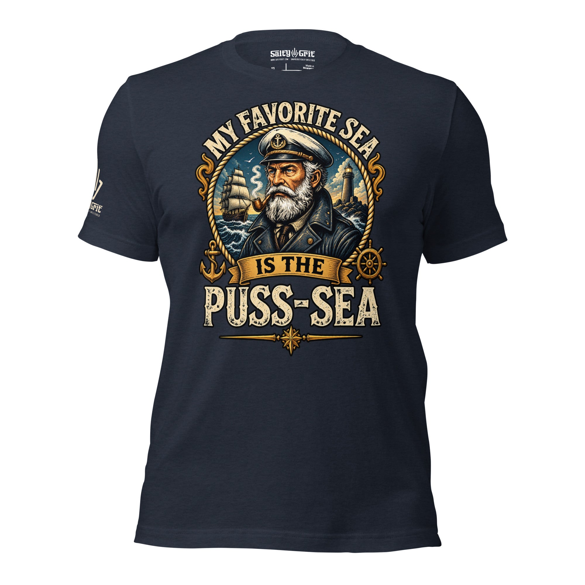Funny boater graphic tee with sailor at sea and sarcastic wording