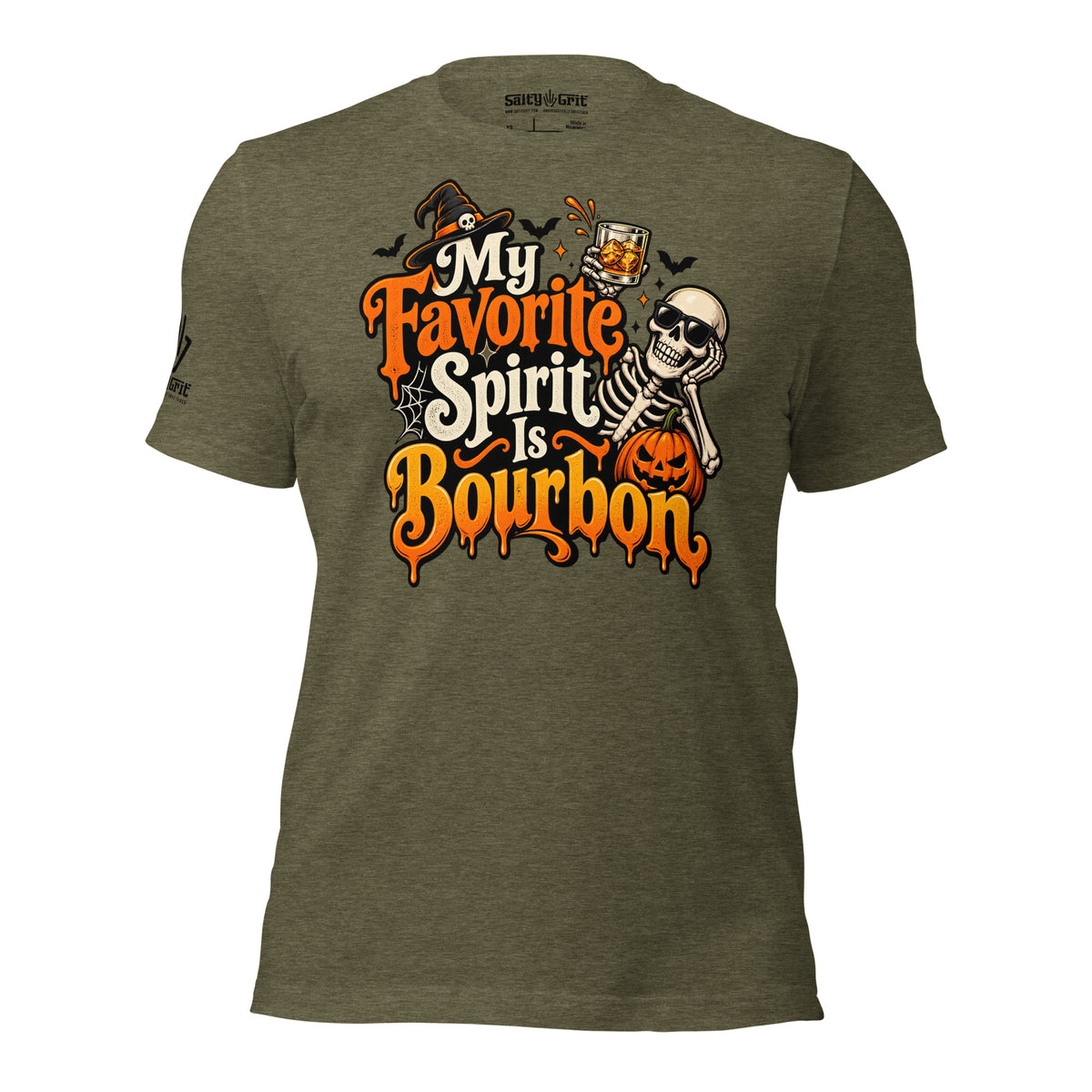 Detailed view of the skeleton and bourbon glass artwork on the shirt.