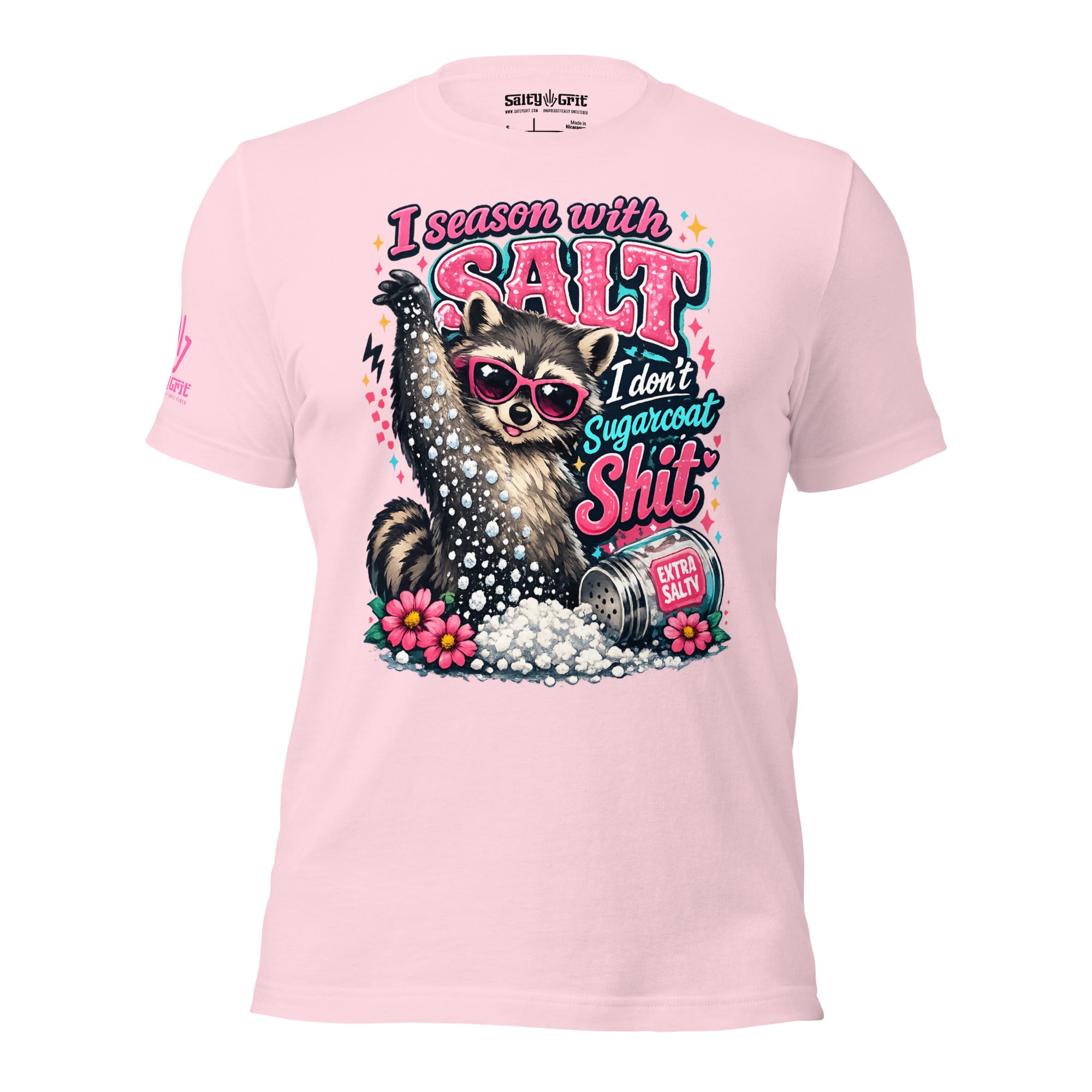 Funny chef humor graphic tee with raccoon seasoning with salt