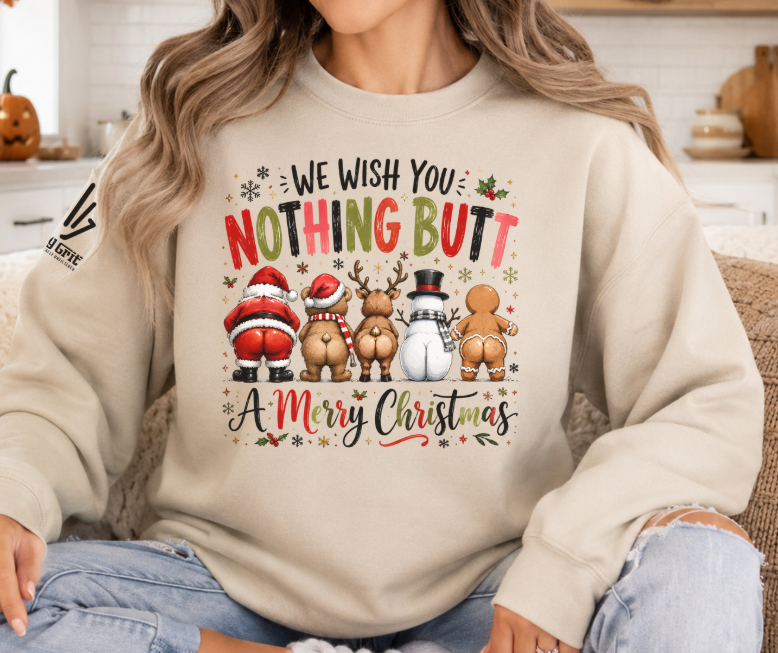 Funny Christmas crewneck sweatshirt featuring Santa, snowman, and reindeer showing their backsides
