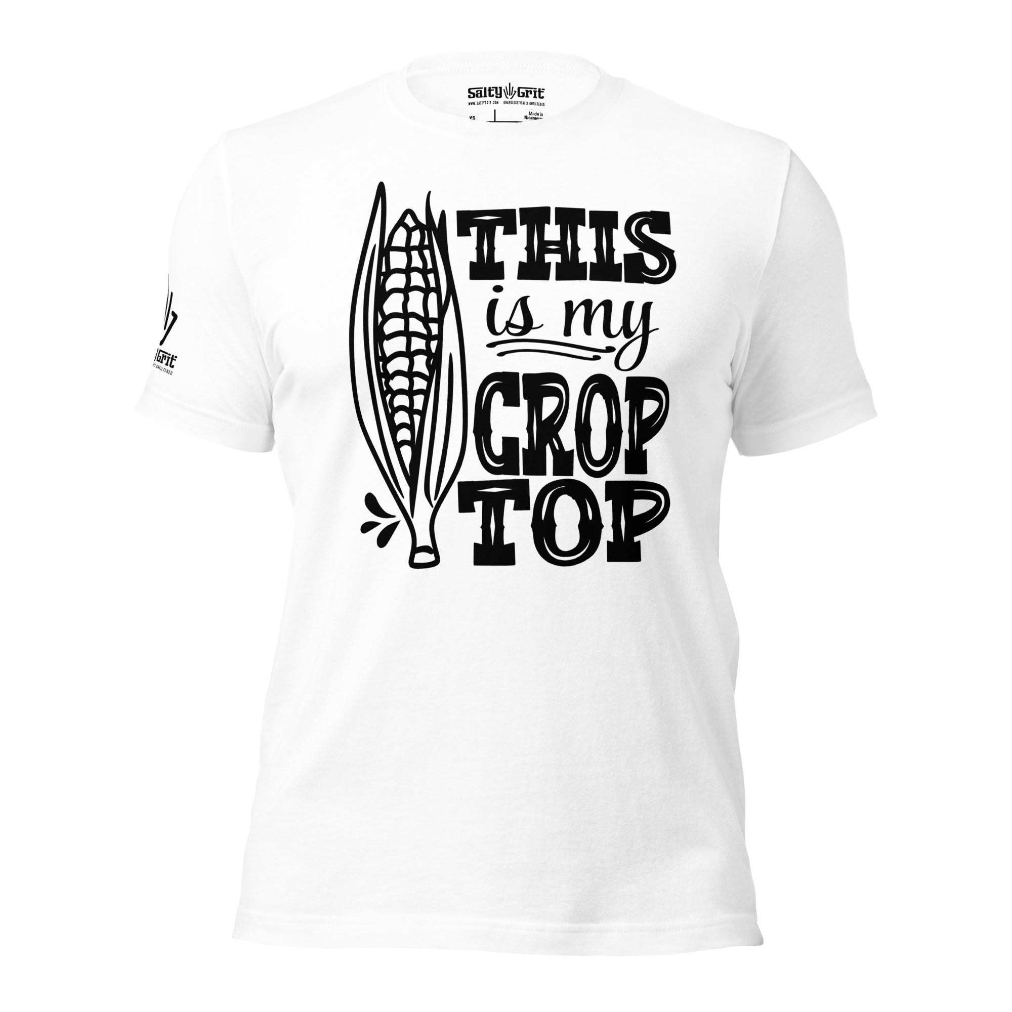 Graphic tee featuring corn as a crop top joke for gardeners