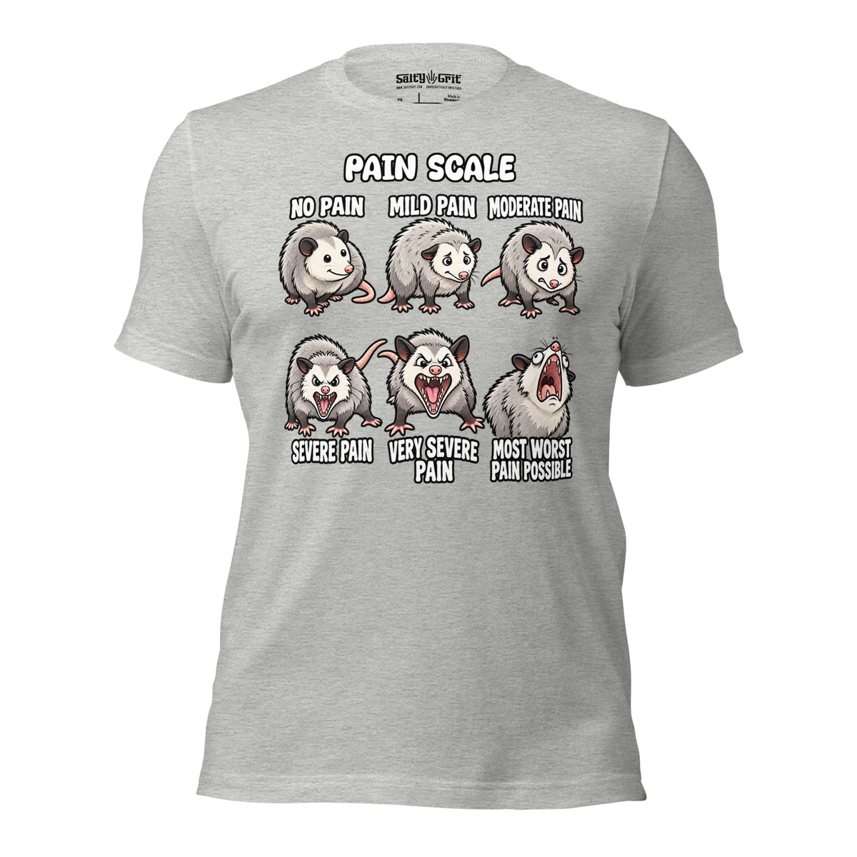 Medical pain-scale artwork with six cartoon opossums showing different pain reactions.