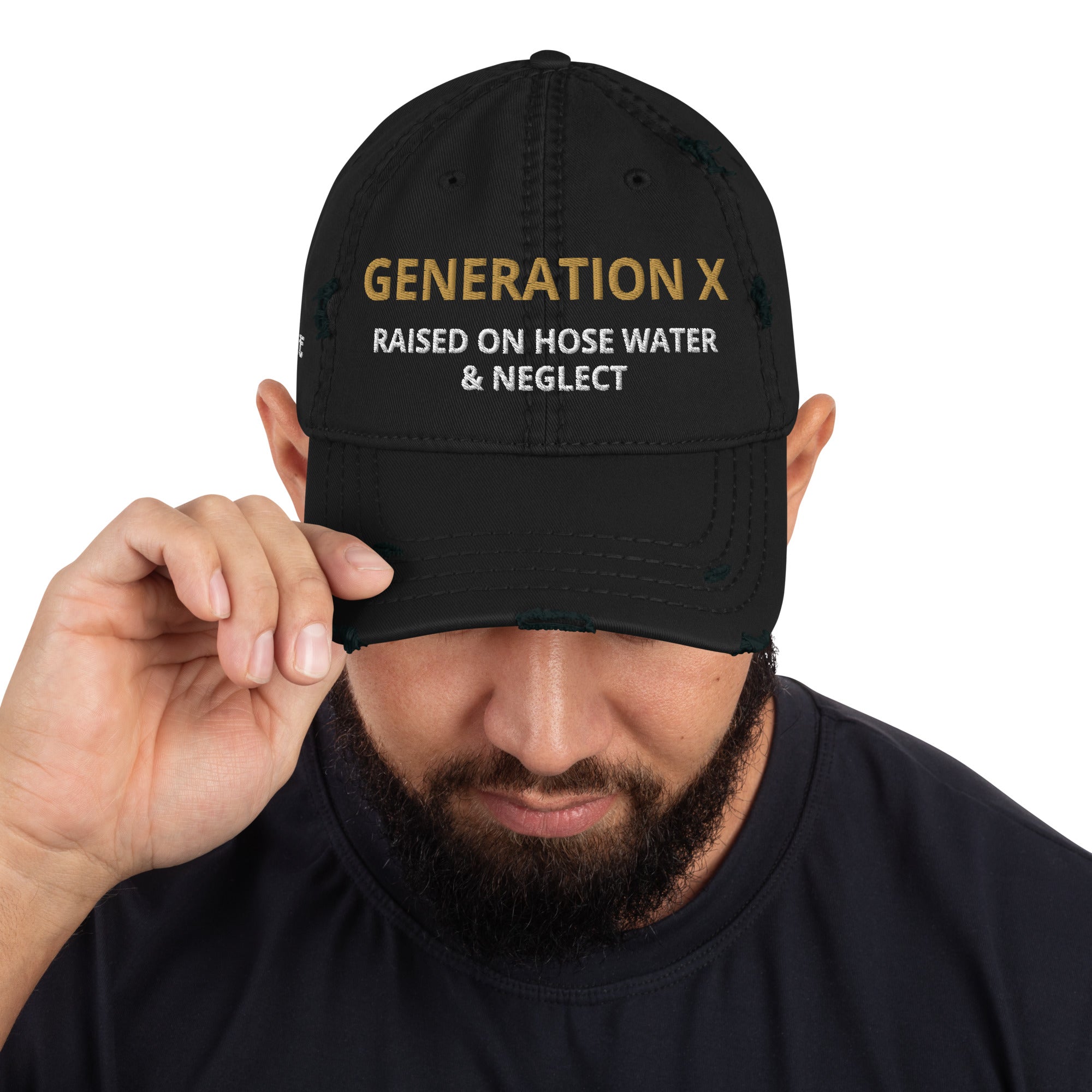 Funny Gen X hat with sarcastic “Raised on Hose Water & Neglect” design
