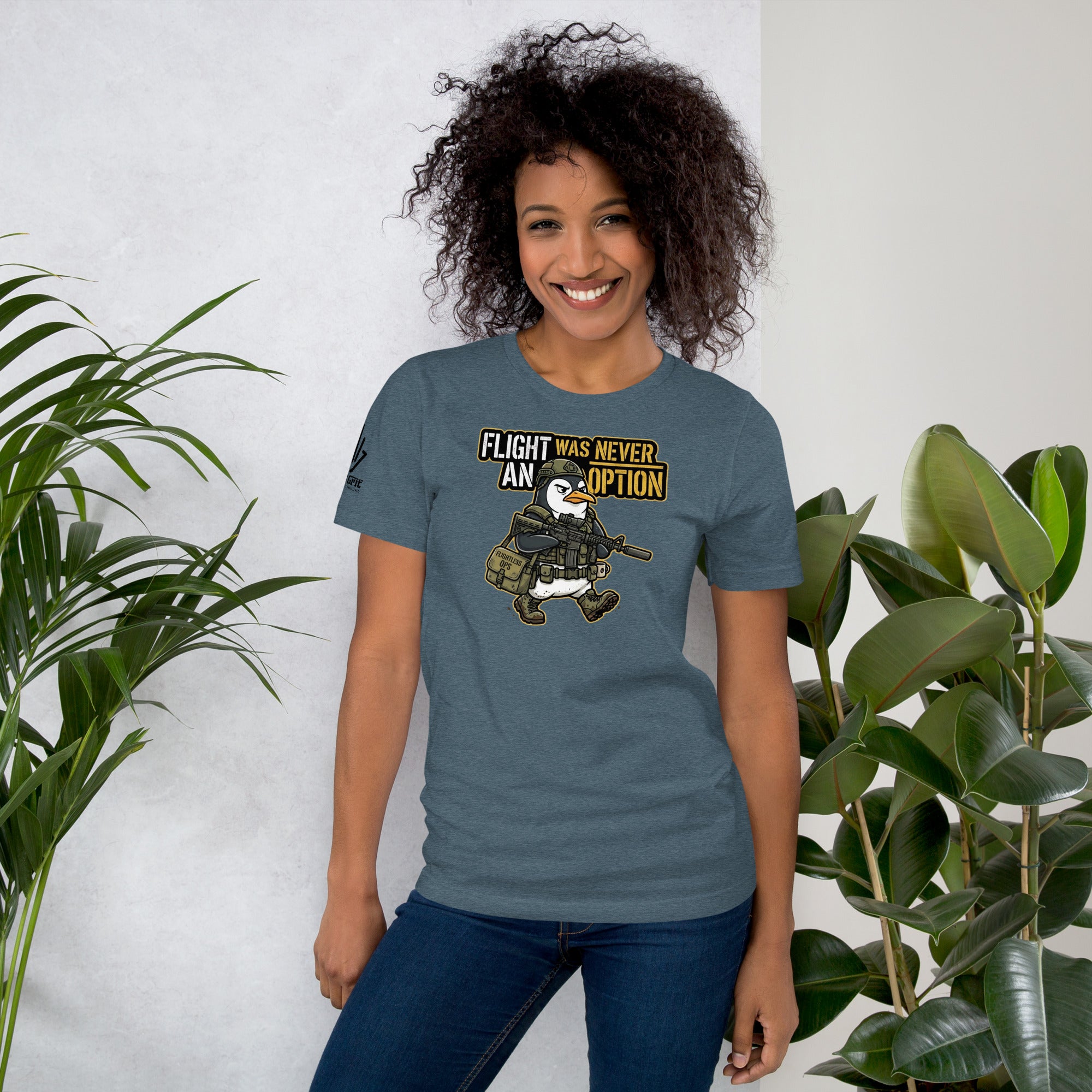 Funny gift shirt for military enthusiasts featuring a tactical penguin