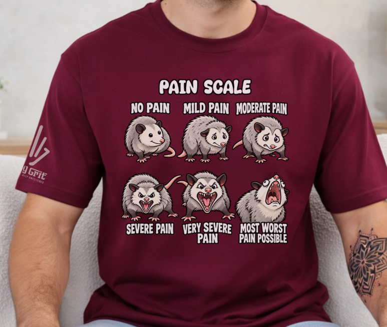 Funny healthcare-themed graphic showing an opossum pain scale from no pain to extreme pain.