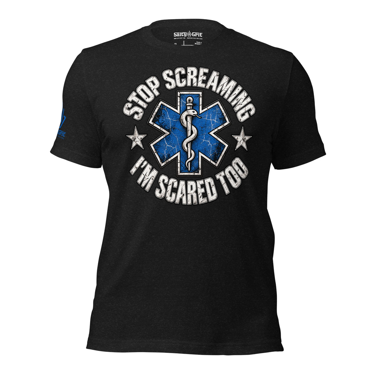 First responder humor graphic featuring a paramedic symbol and a funny slogan.