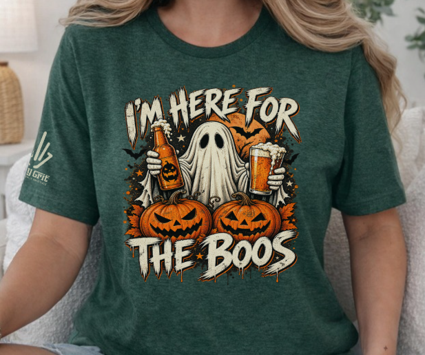 Funny Halloween drinking shirt with a ghost holding two beers and Here for the Boos wording