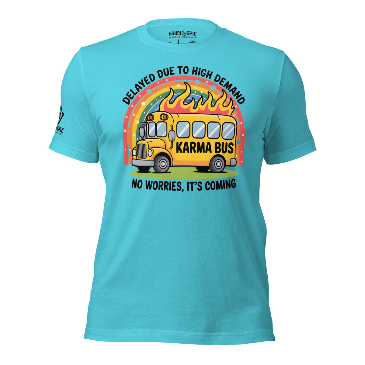 Funny karma shirt featuring a school bus with a fiery background
