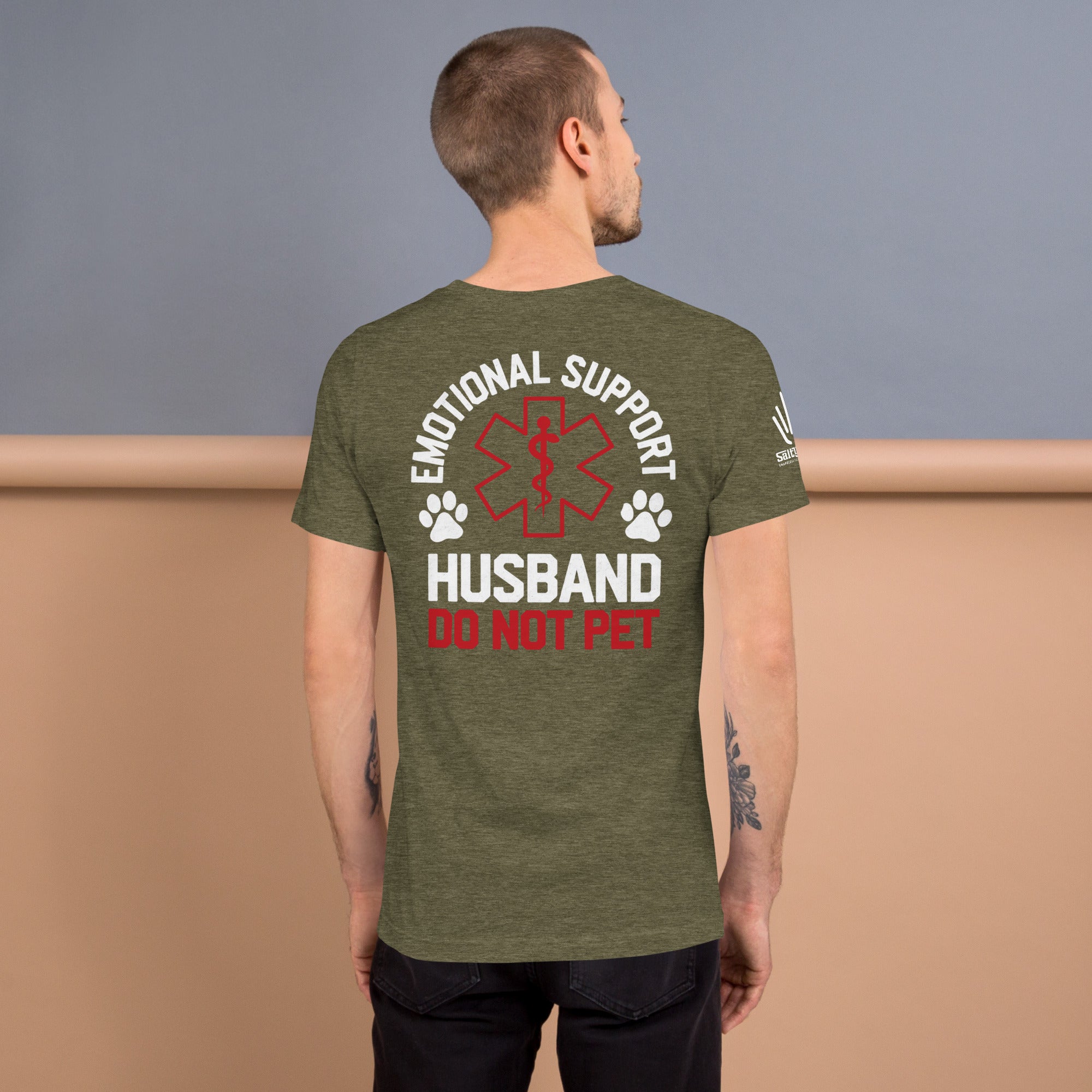 Funny marriage-themed t-shirt with EMS symbol and paw print design