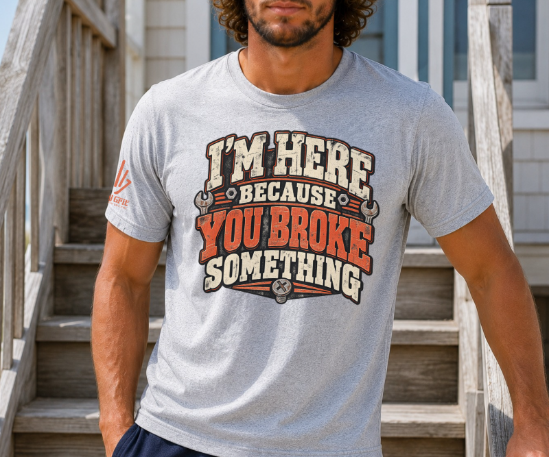 Blue-collar shirt graphic with a sarcastic saying about fixing something that broke.