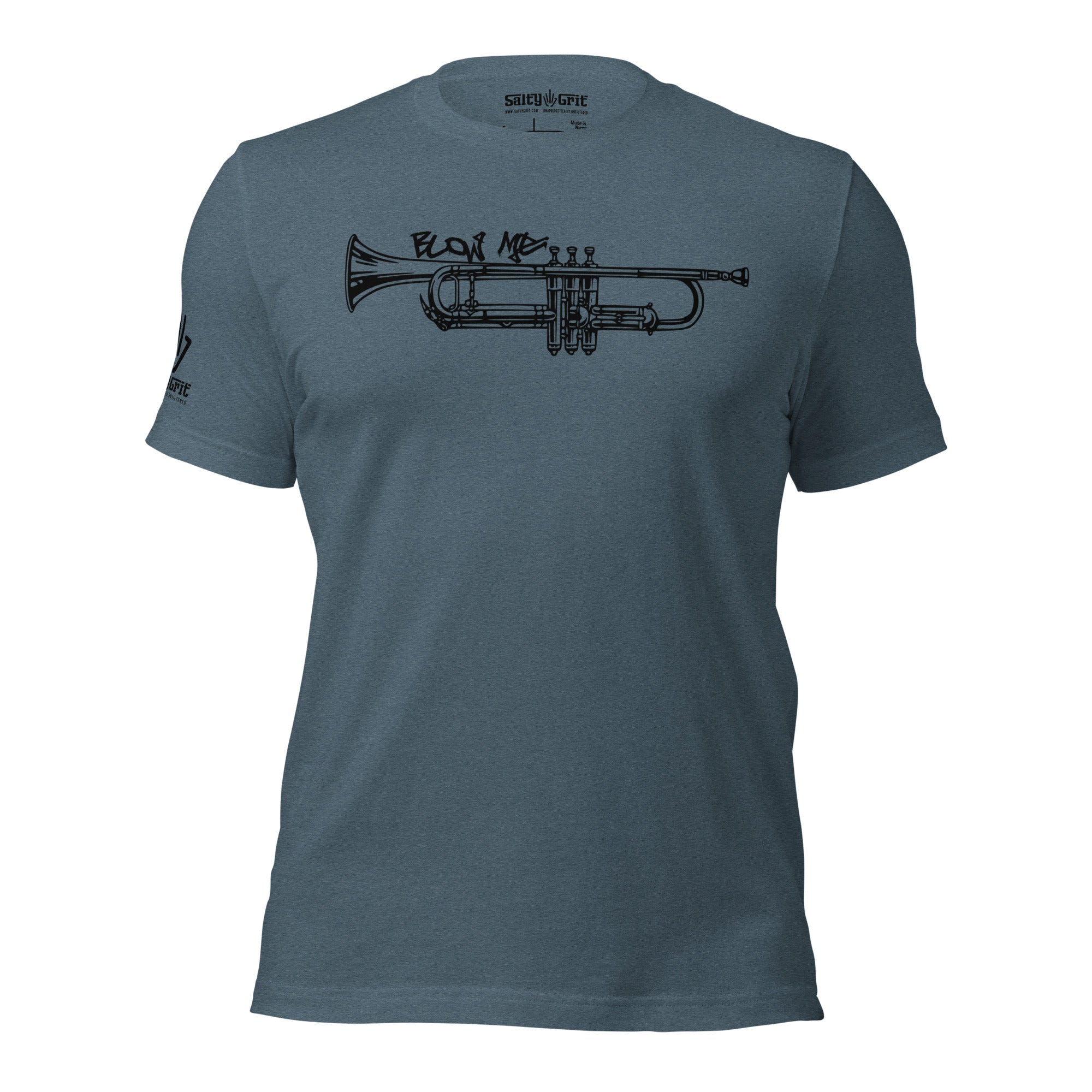 Funny music shirt with blow me quote and trumpet image