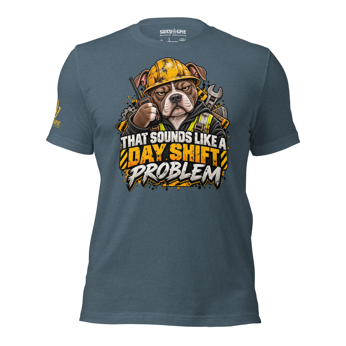 Funny night shift worker shirt with a construction pitbull and Day Shift Problem wording