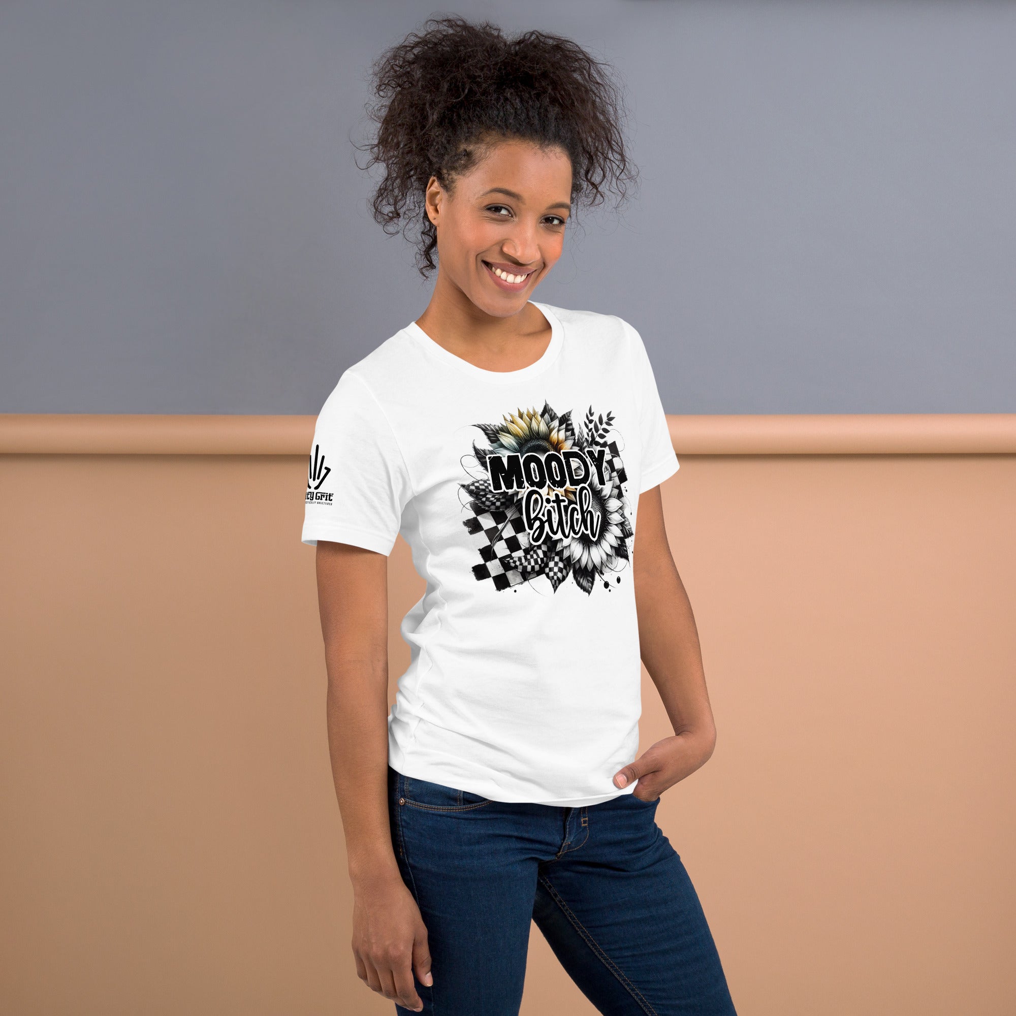 Offensive humor shirt with sarcastic “Moody Bitch” checkered art