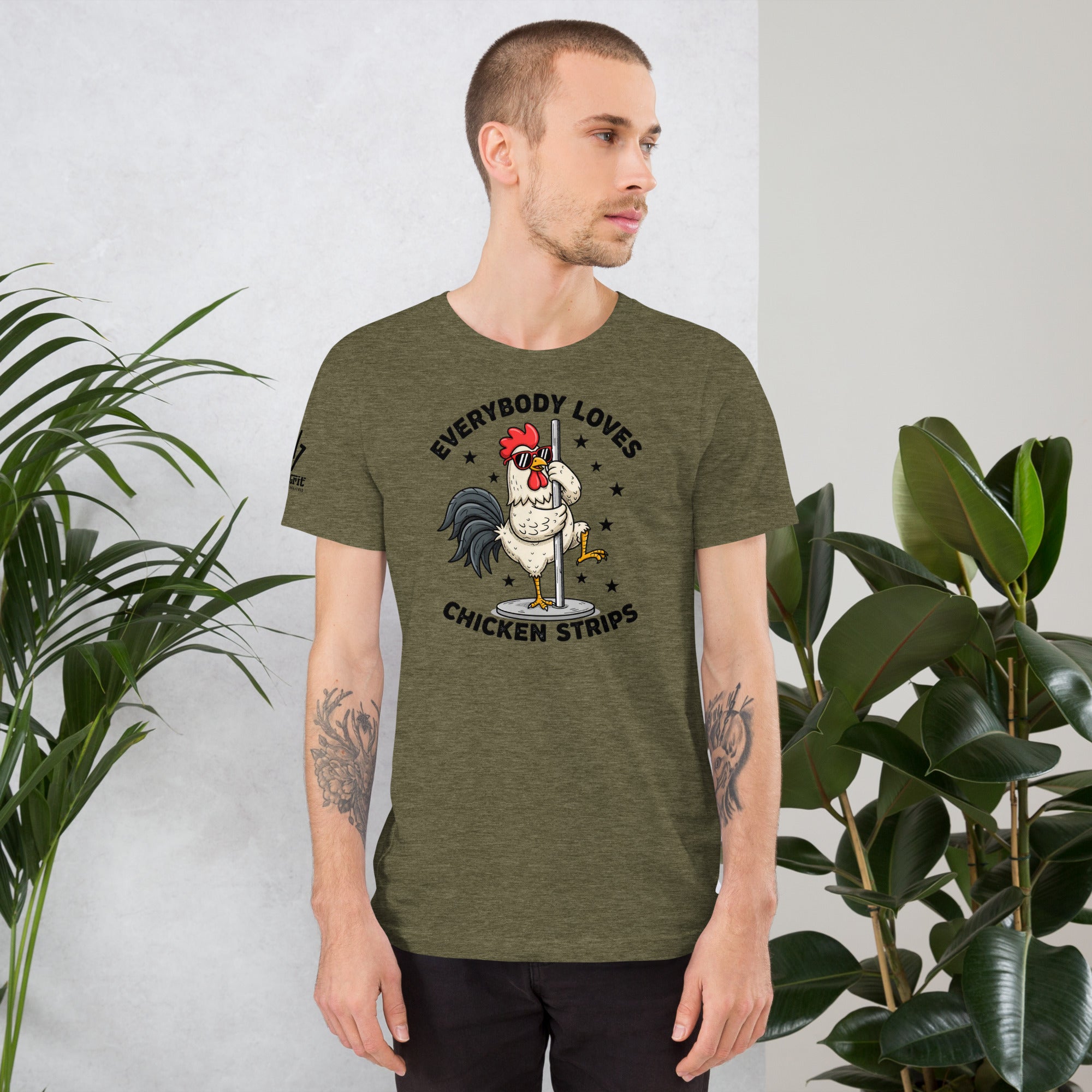 Funny pun graphic tee with Everyone Loves Chicken Strips artwork