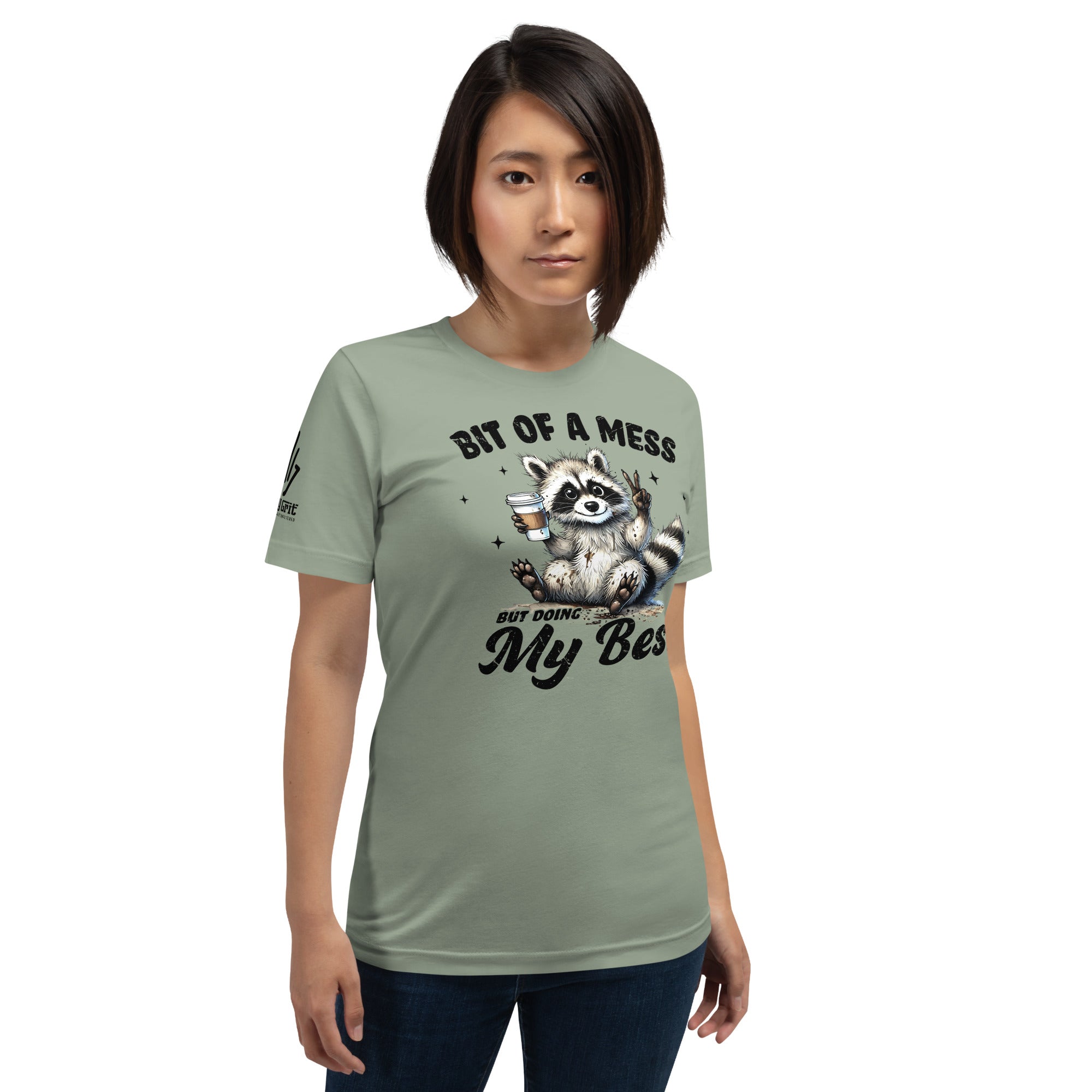 Funny raccoon shirt with coffee cup and sarcastic phrase