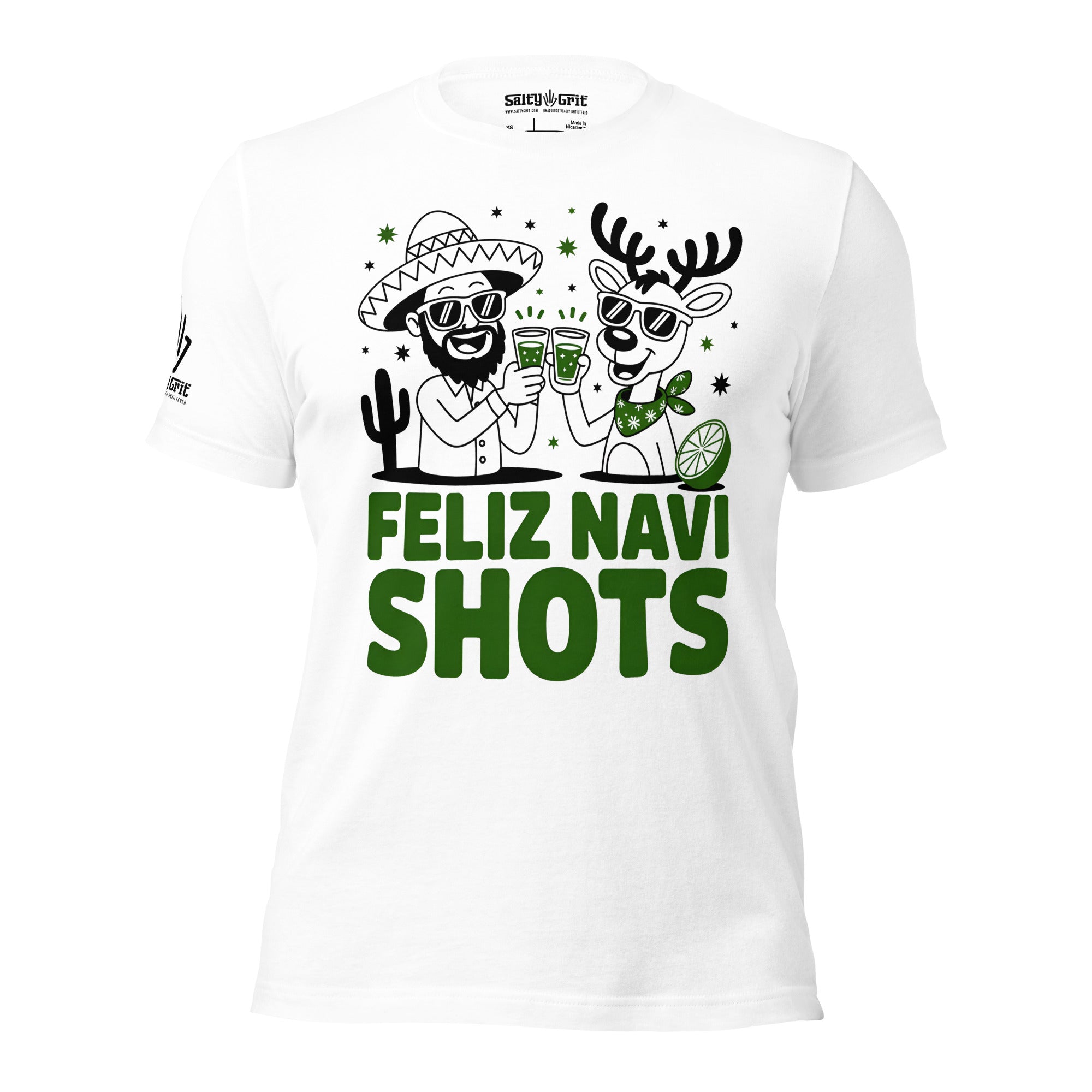 Funny drinking-themed Christmas tee with reindeer shot glasses